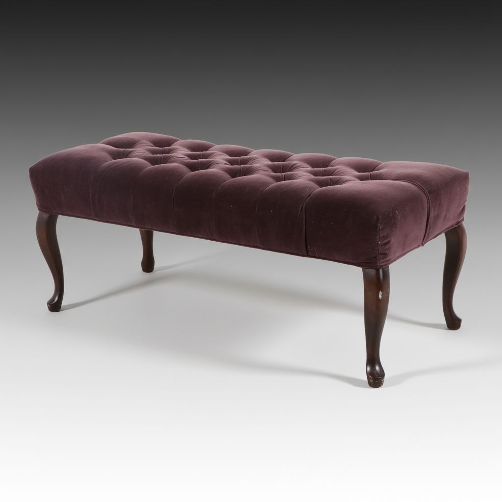 Queen Anne Style Button Tufted Upholstered and Mahogany Bench