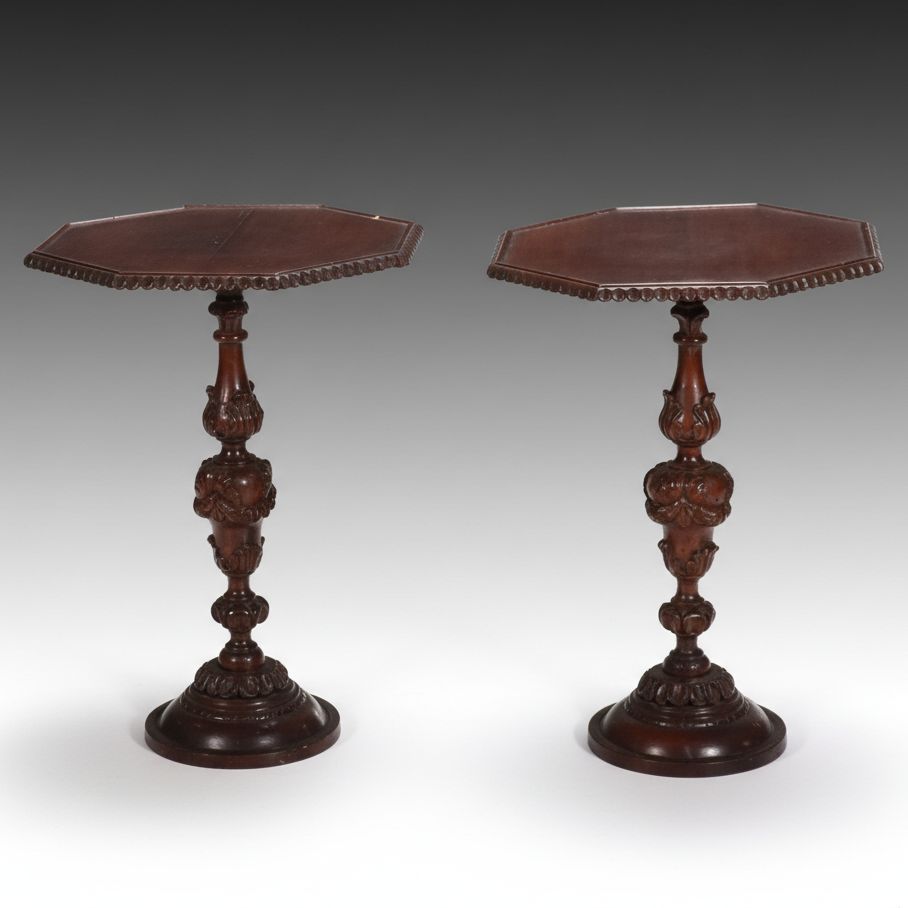 Pair of Renaissance Revival  Style Mahogany Octagonal Accent Tables