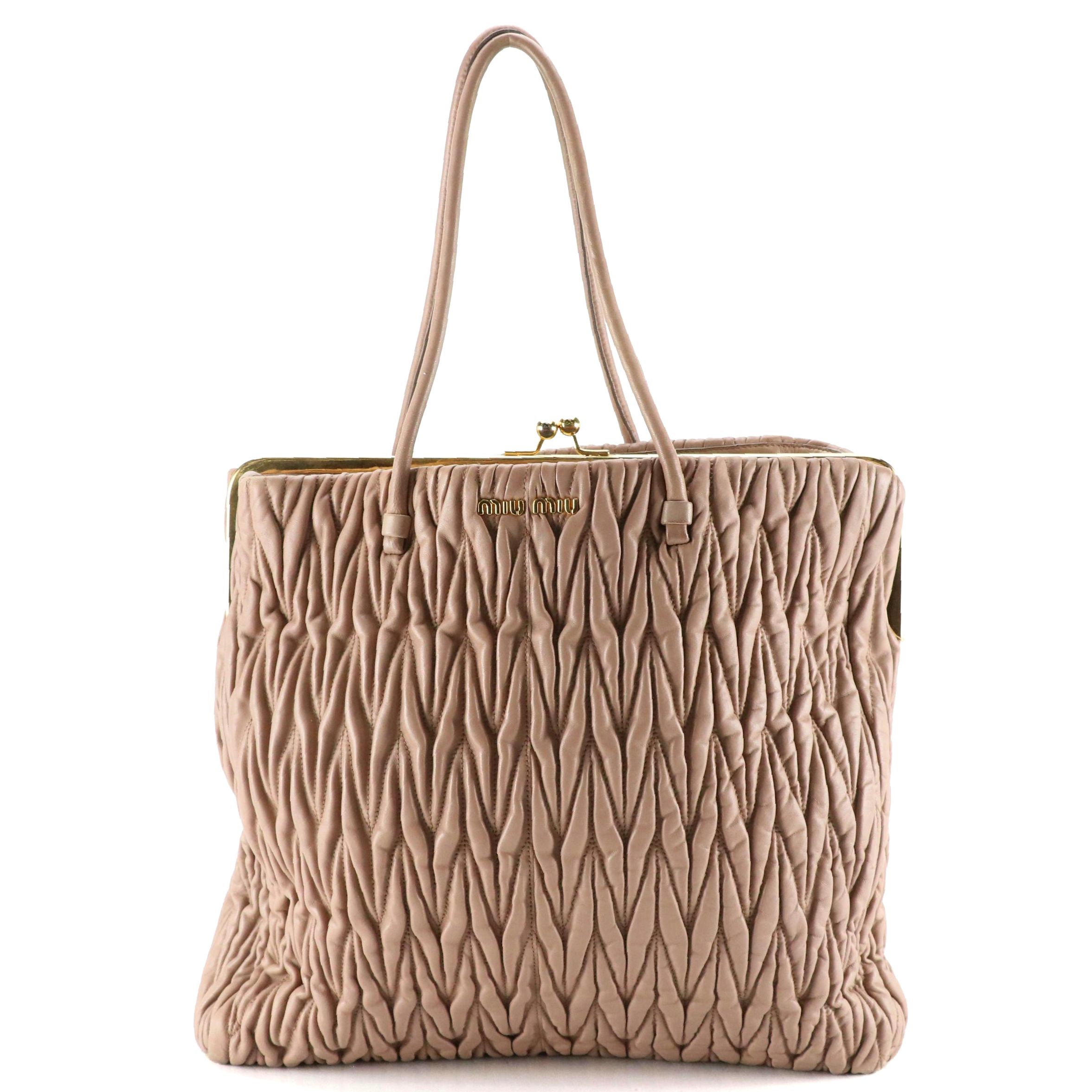 Miu Miu Kisslock Frame Tall Shoulder Tote in Neutral Matelassé Leather
