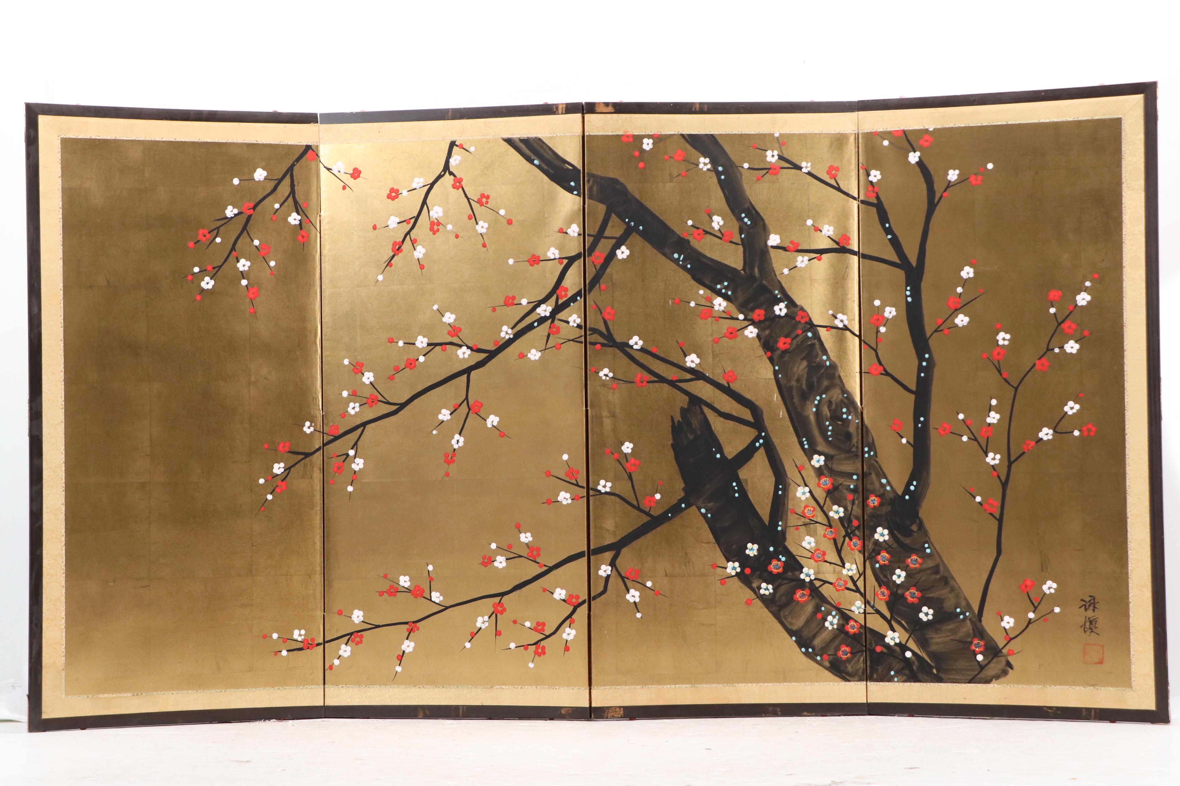 Japanese School Hand-Painted Table Divider Panels with Blossoming Tree