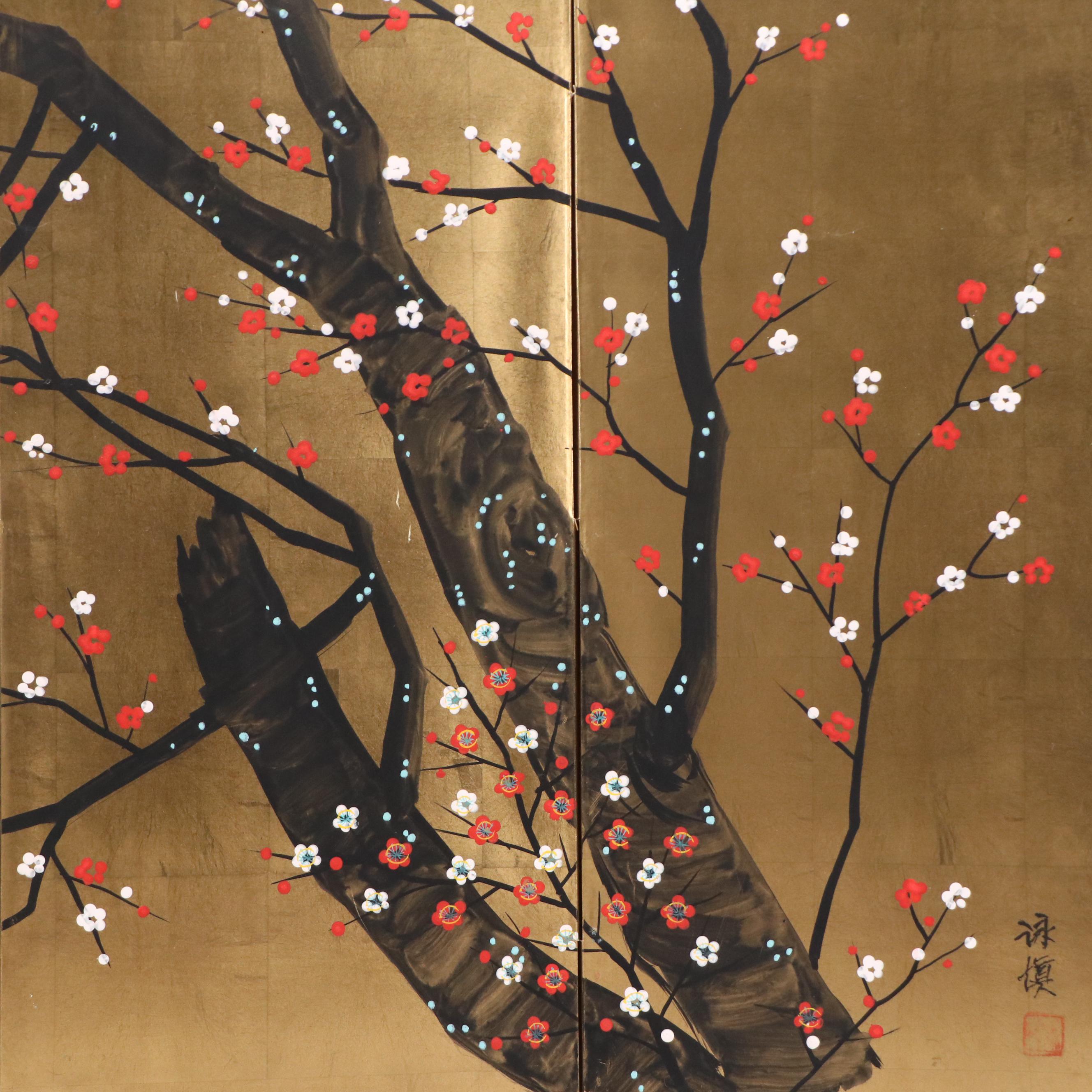 Japanese School Hand-Painted Table Divider Panels with Blossoming Tree