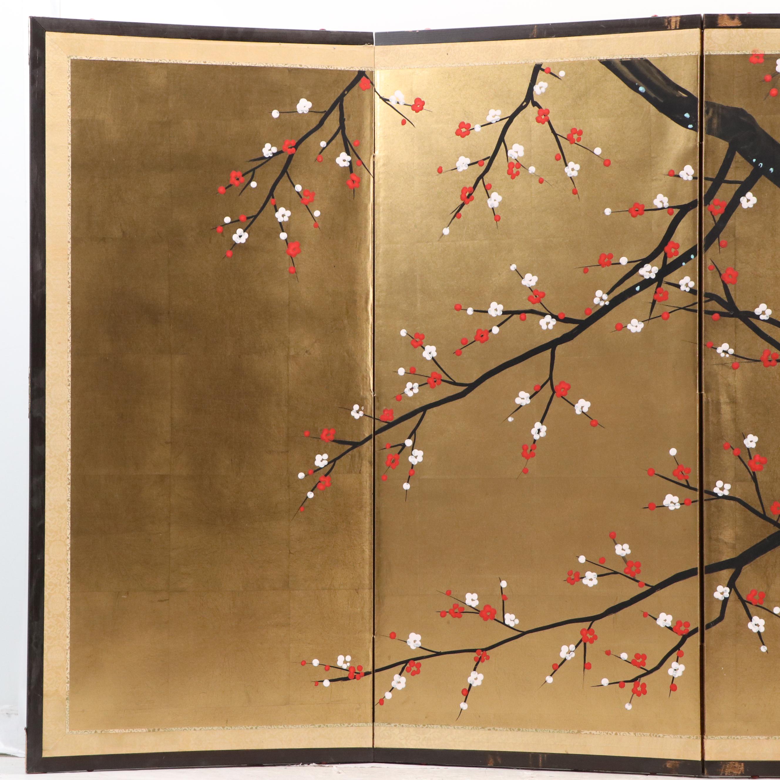 Japanese School Hand-Painted Table Divider Panels with Blossoming Tree