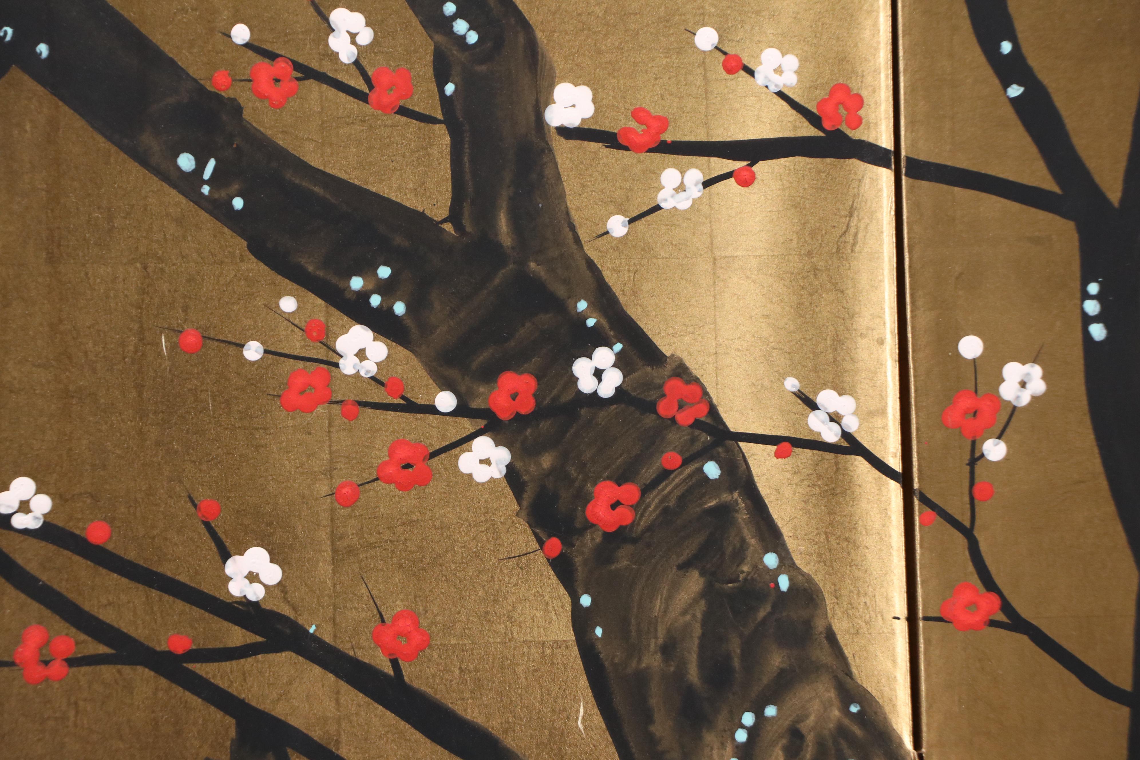 Japanese School Hand-Painted Table Divider Panels with Blossoming Tree