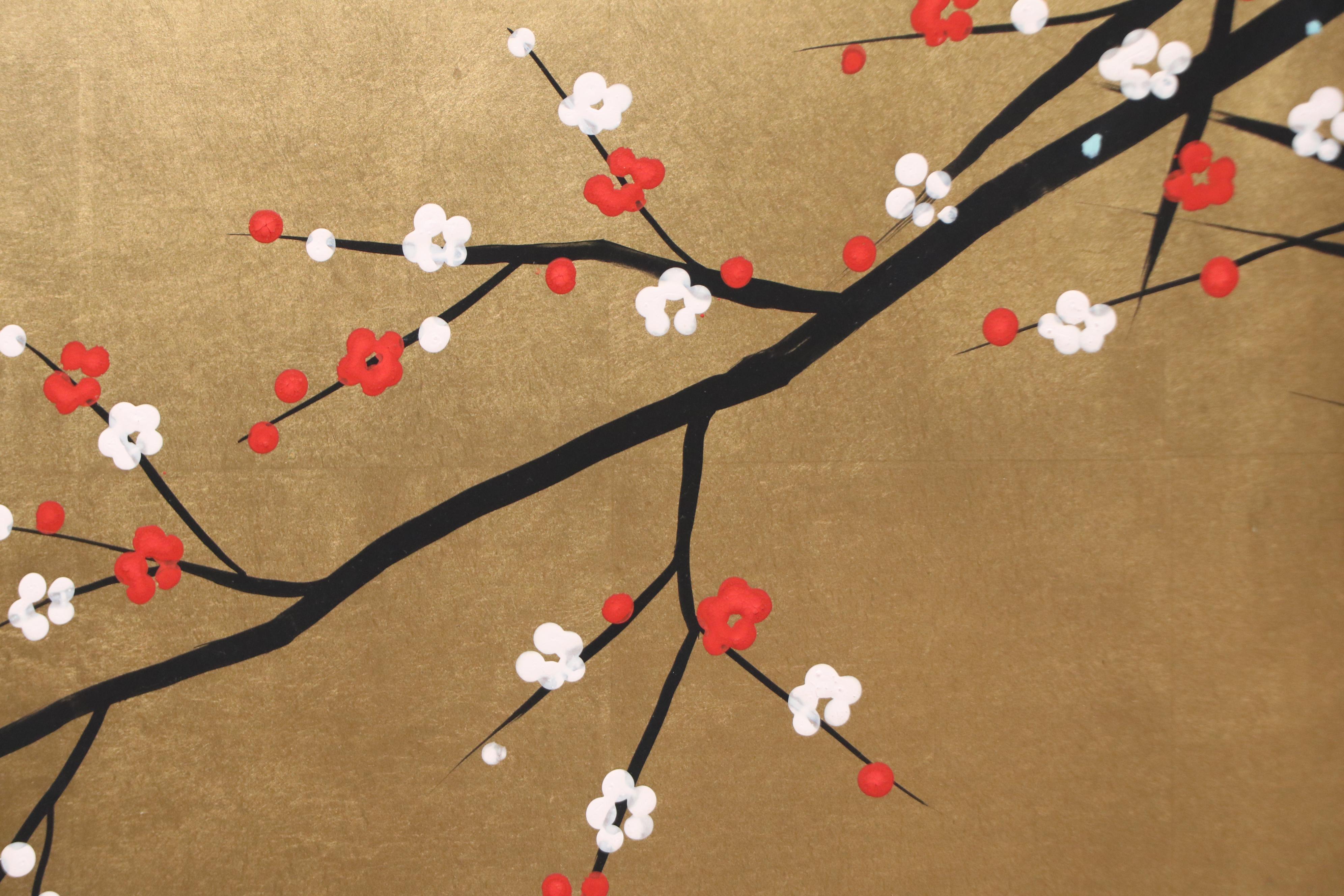 Japanese School Hand-Painted Table Divider Panels with Blossoming Tree