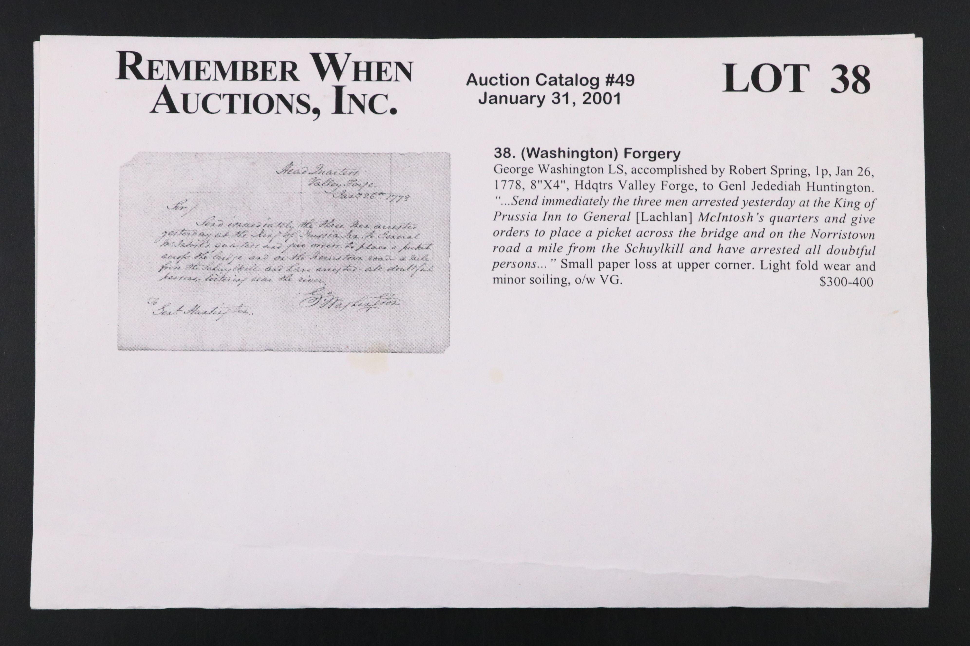 Robert Spring Forged George Washington Letter, Early to Mid-19th Century