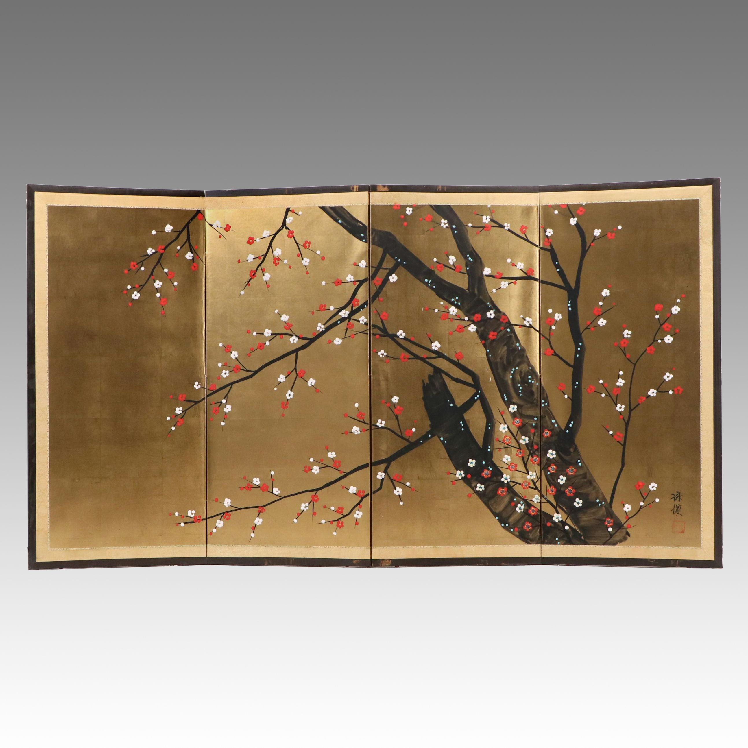Japanese School Hand-Painted Table Divider Panels with Blossoming Tree