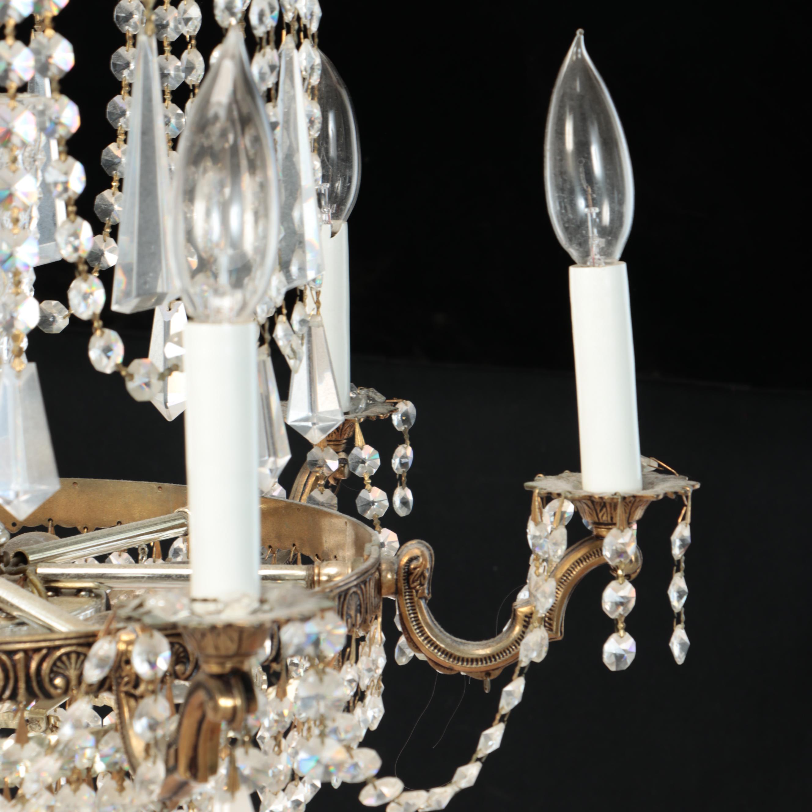 Regency Style Brass Tone and Crystal Chandelier, Mid-20th Century