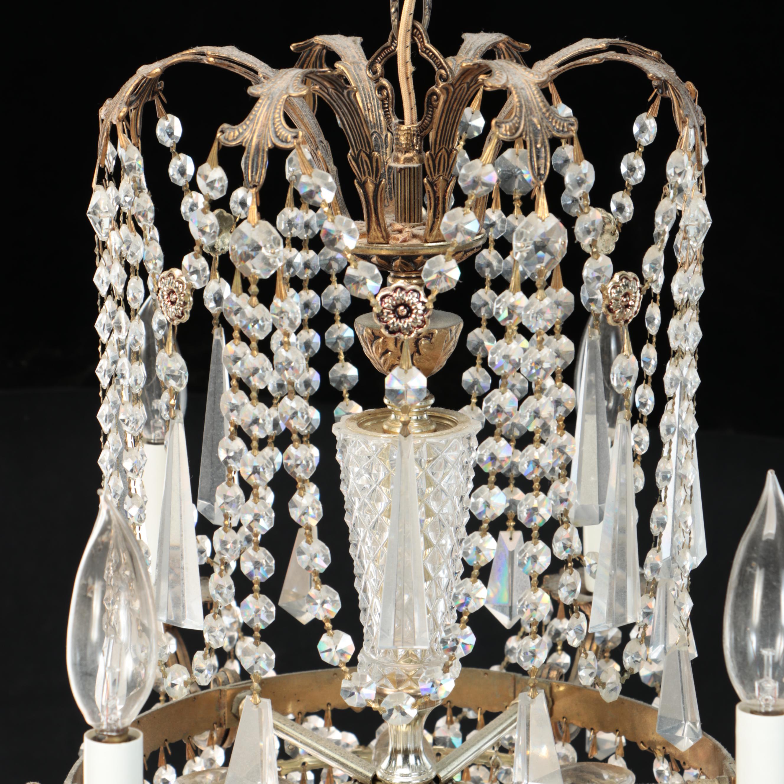 Regency Style Brass Tone and Crystal Chandelier, Mid-20th Century