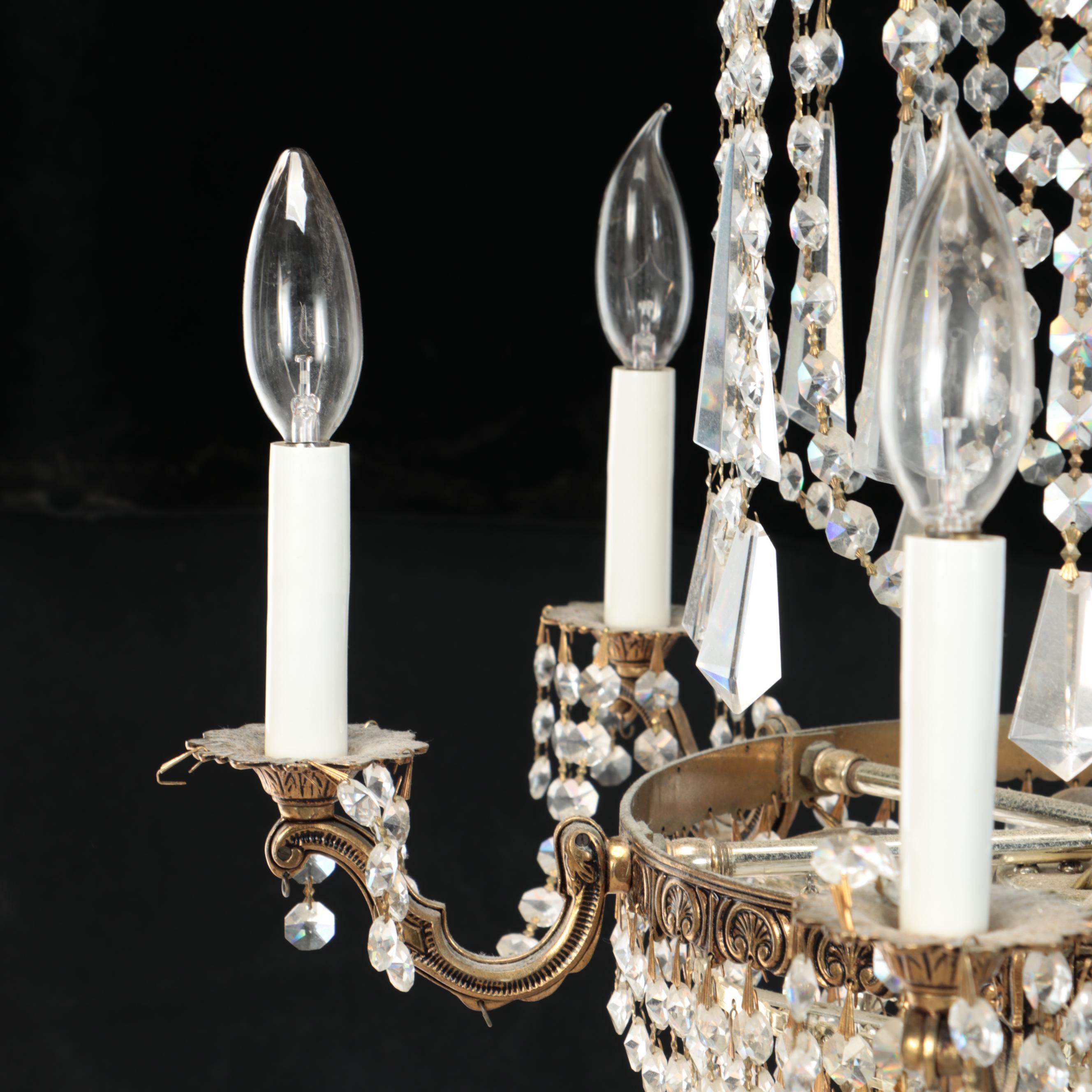 Regency Style Brass Tone and Crystal Chandelier, Mid-20th Century