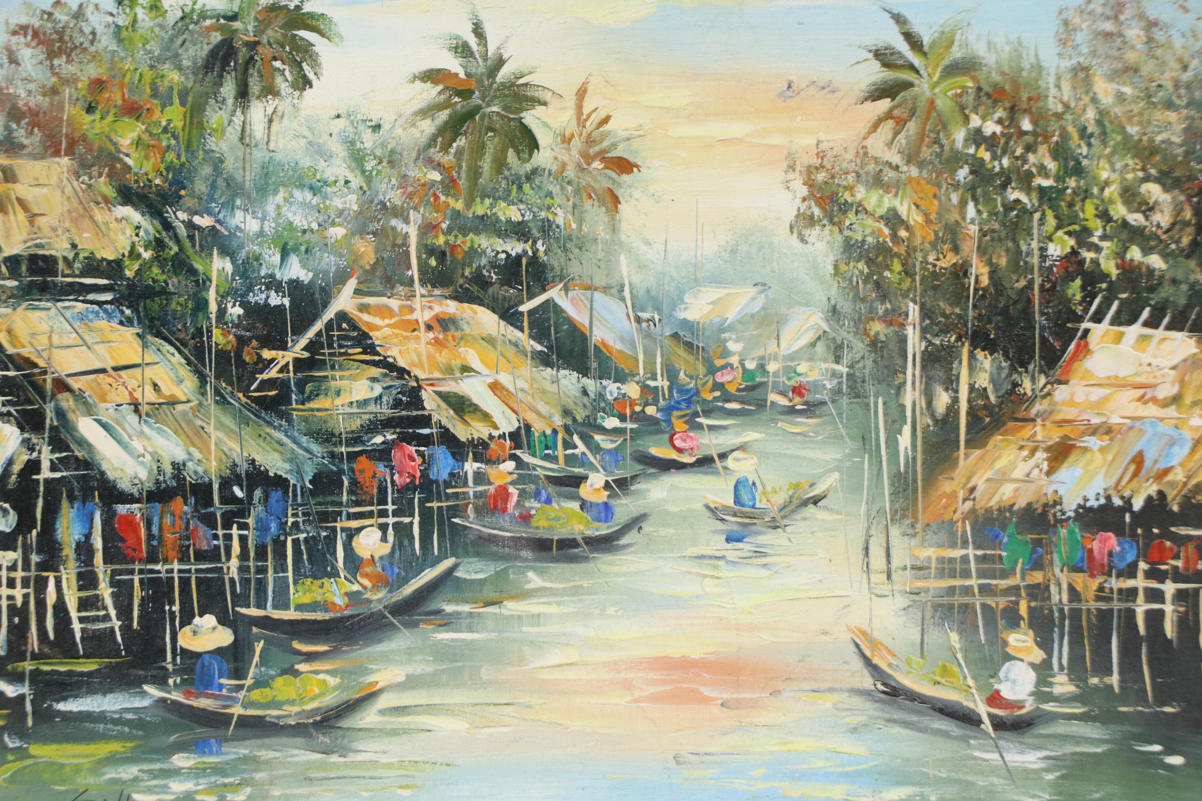 Sathorn Oil Painting of Thai Village on River, 20th Century