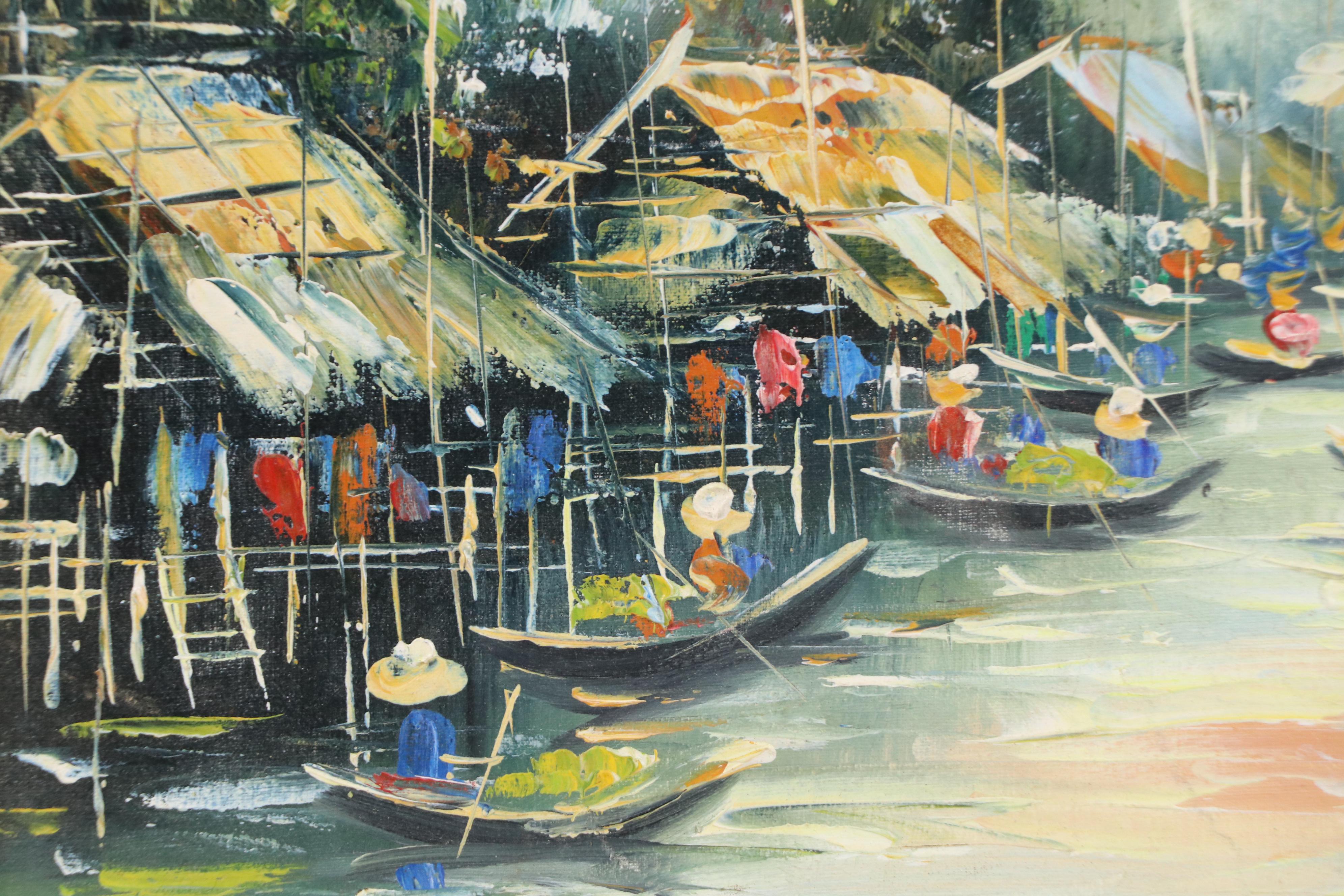 Sathorn Oil Painting of Thai Village on River, 20th Century
