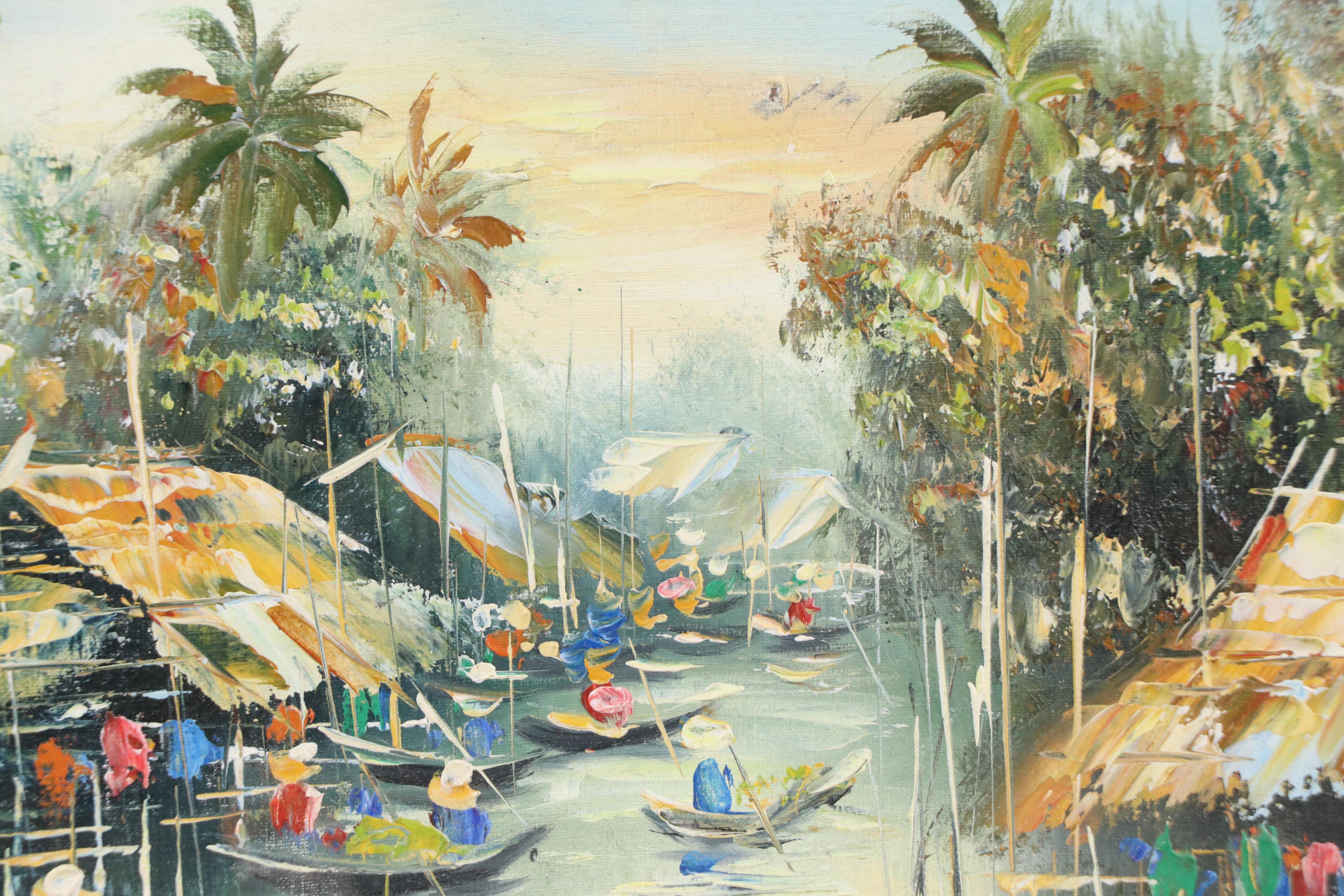 Sathorn Oil Painting of Thai Village on River, 20th Century