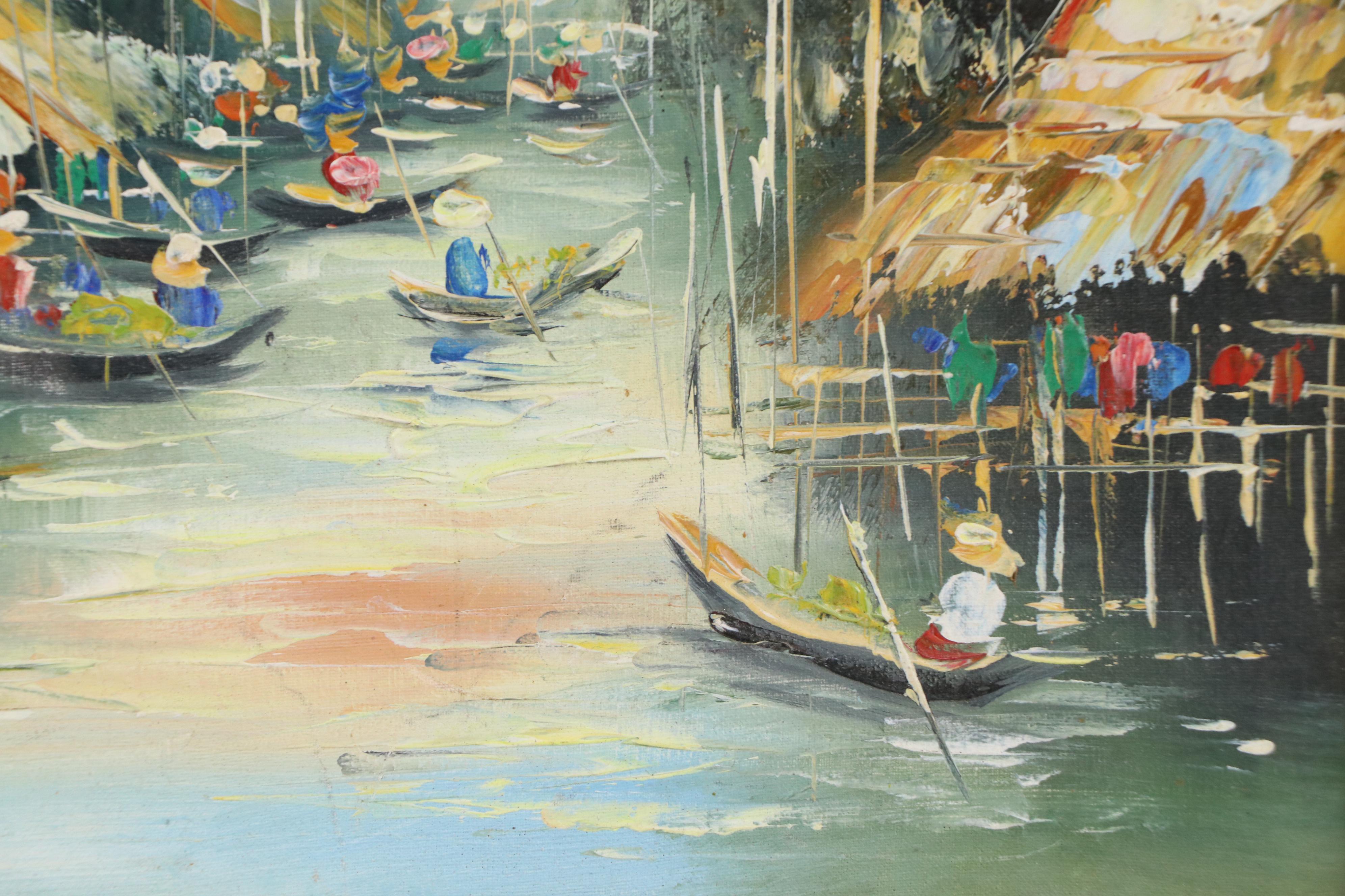 Sathorn Oil Painting of Thai Village on River, 20th Century