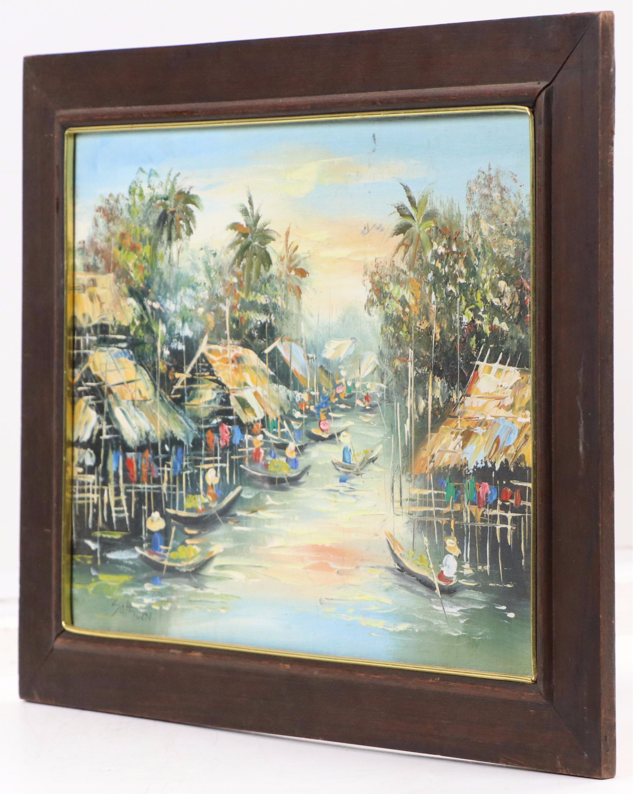 Sathorn Oil Painting of Thai Village on River, 20th Century