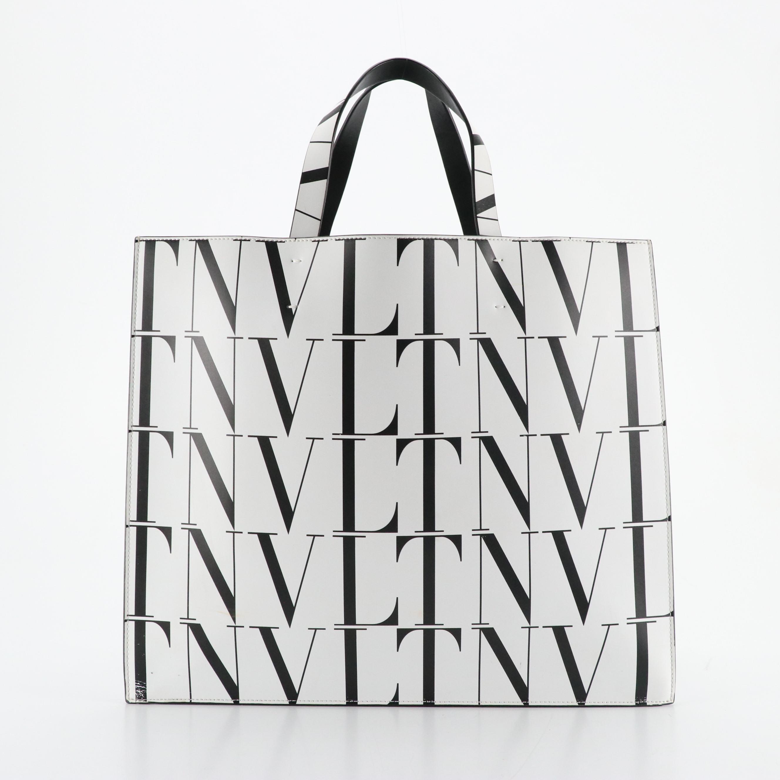 Valentino Garavani Large Shopper Tote in Black & White VLTN Logo Leather