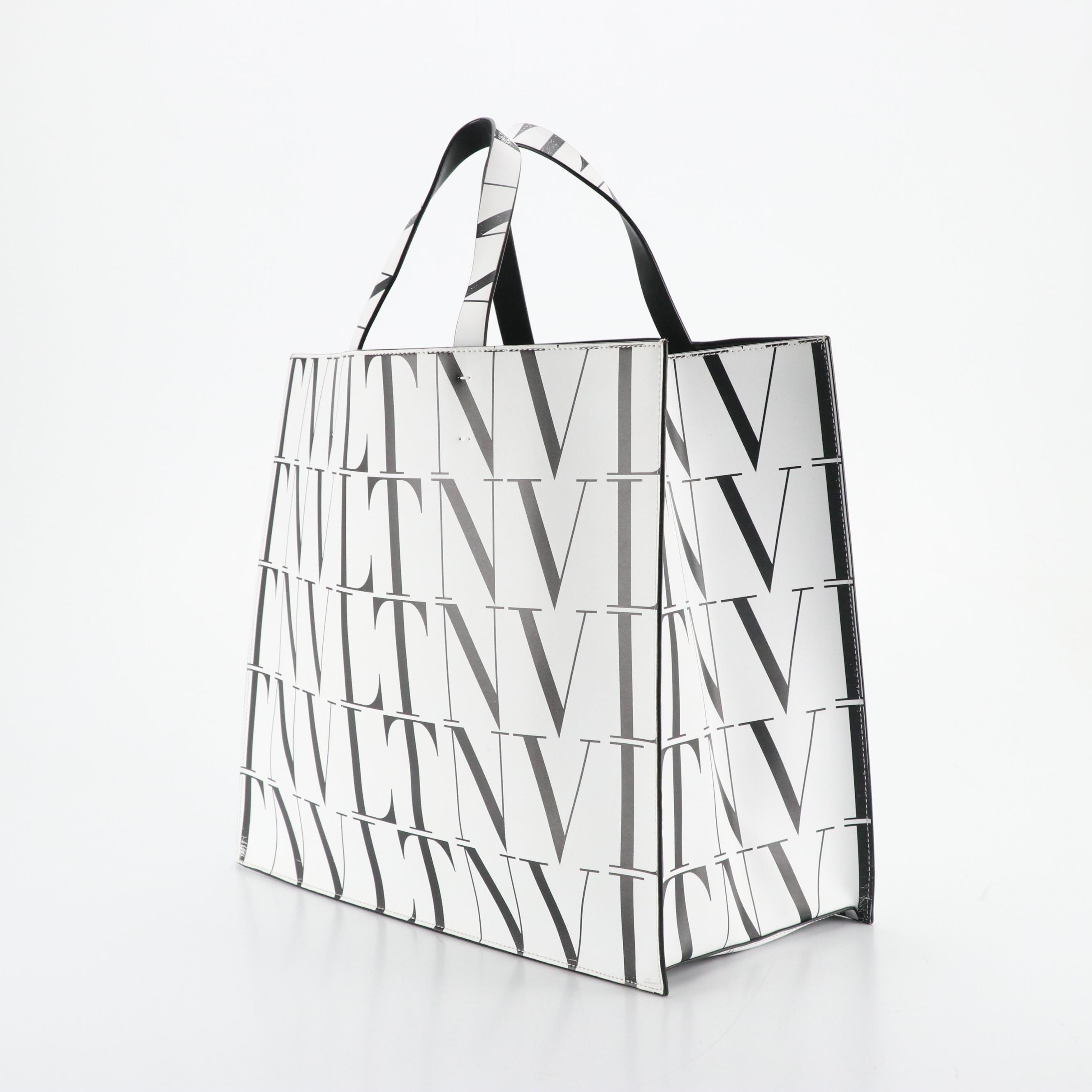 Valentino Garavani Large Shopper Tote in Black & White VLTN Logo Leather