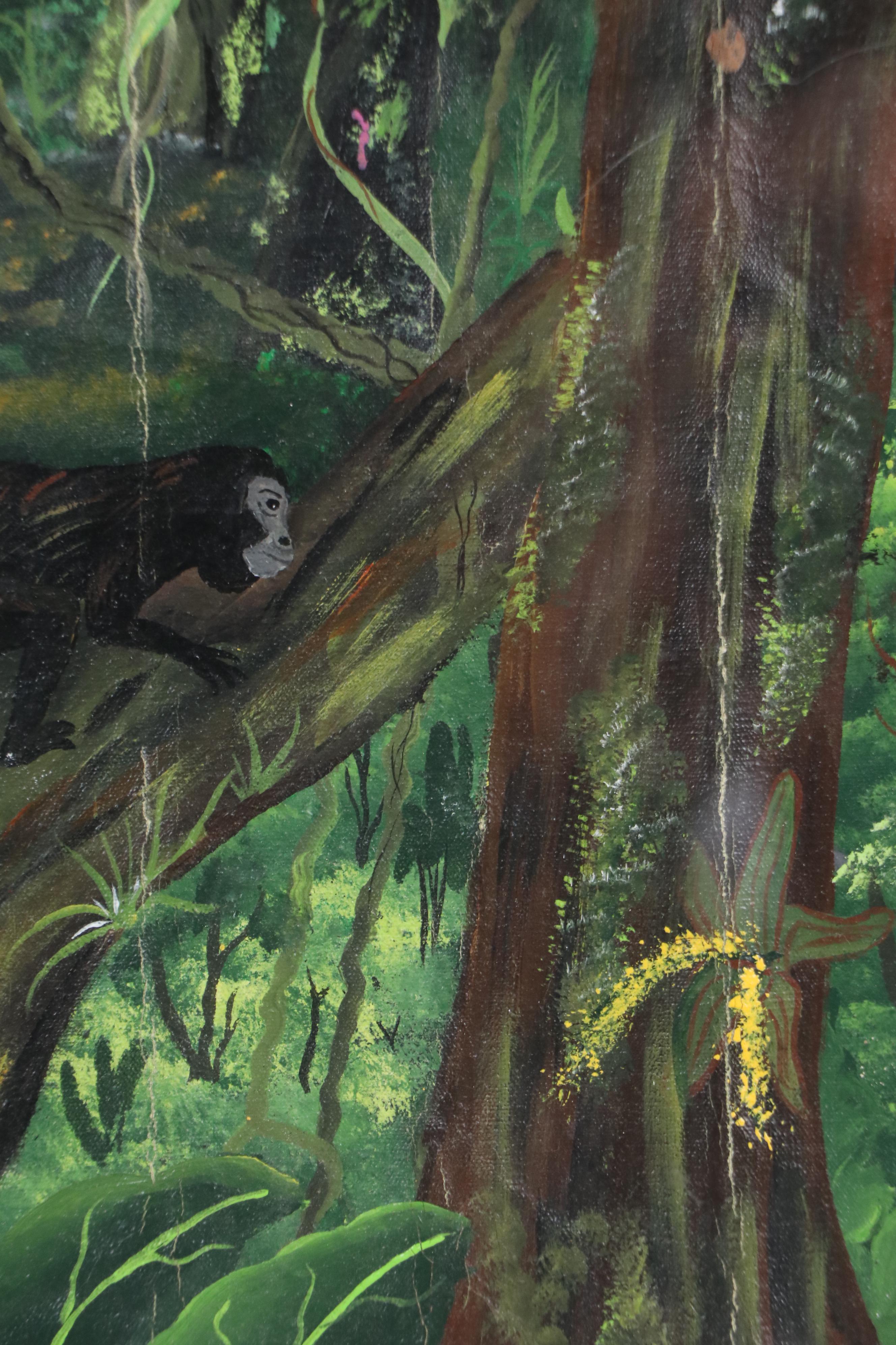 Jungle Landscape Oil Painting with Monkeys