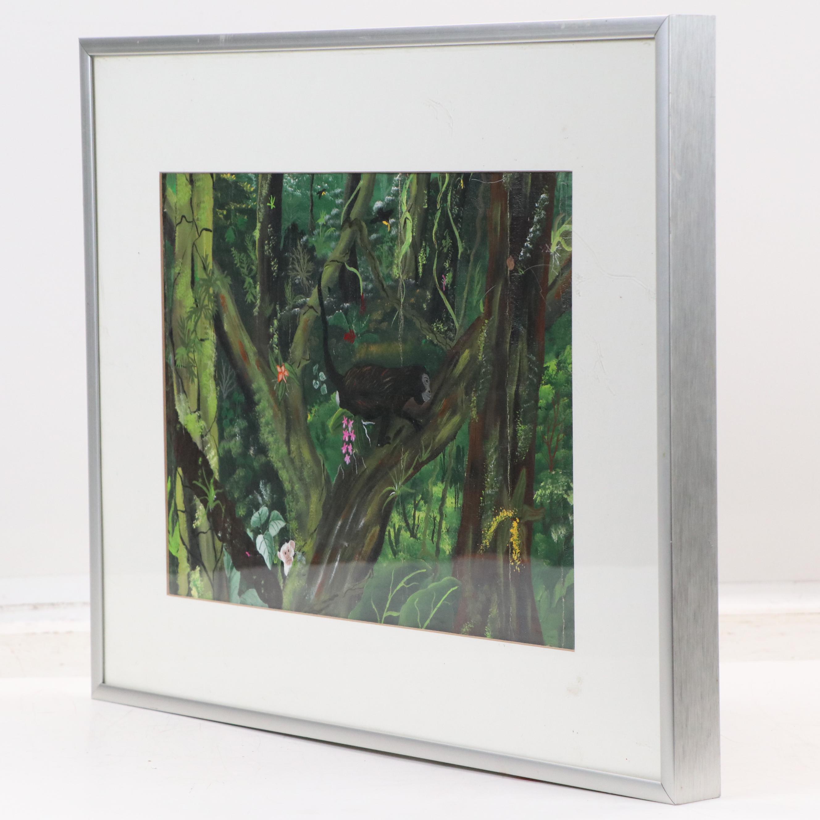 Jungle Landscape Oil Painting with Monkeys