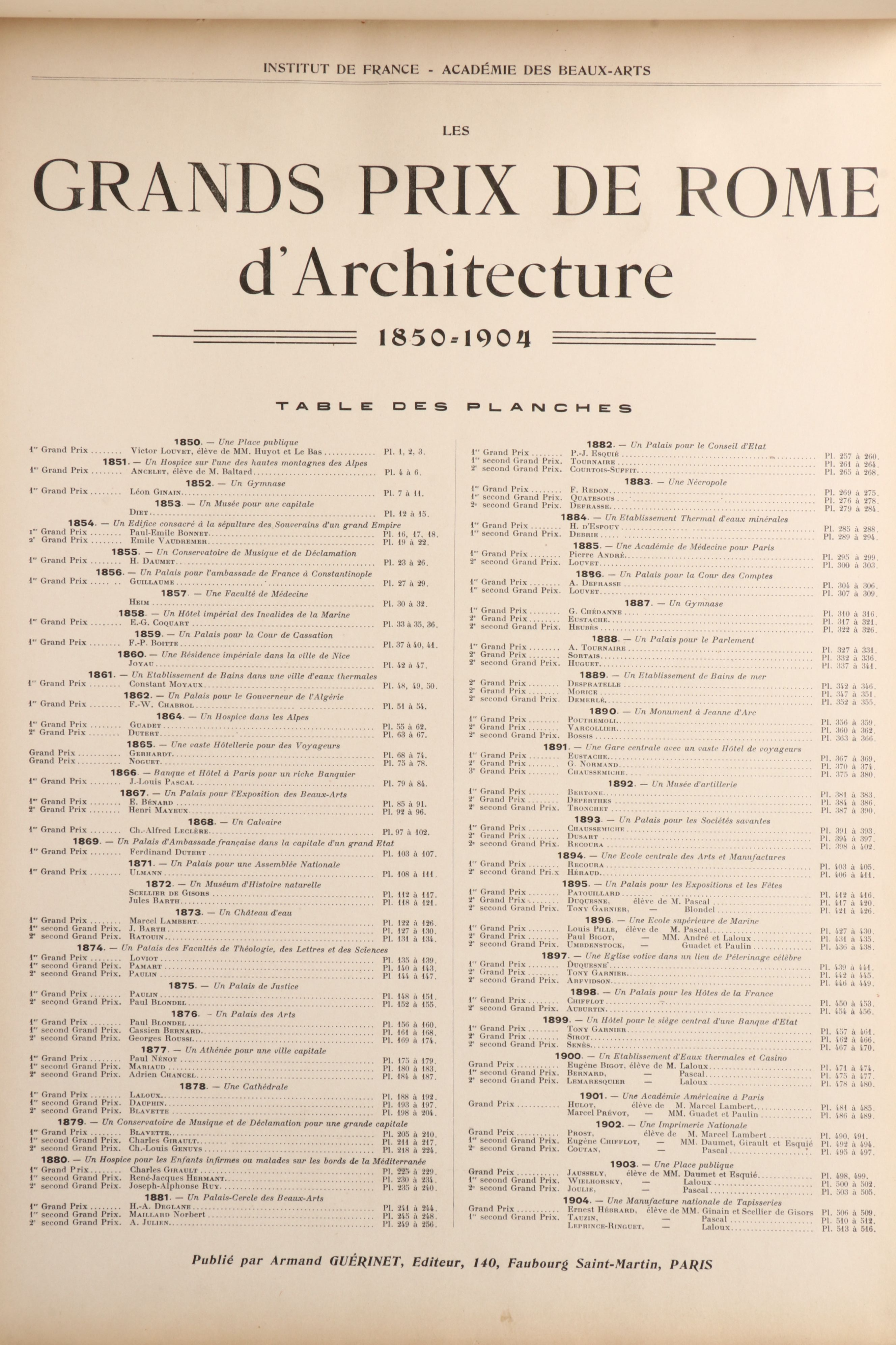"Cinquantenaire: Les grands prix de Rome d'architecture de 1850 à 1900" Vol. I