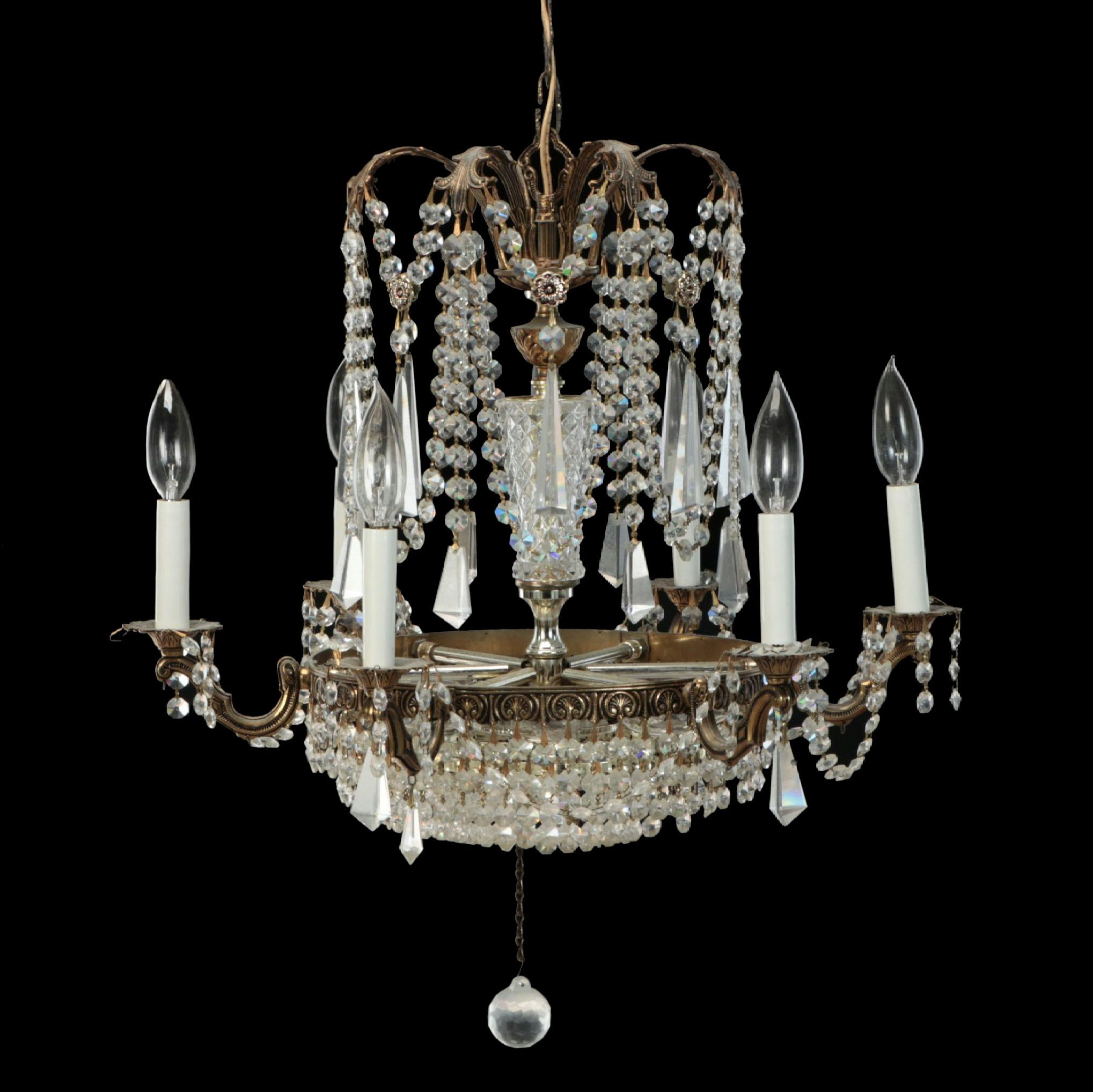 Regency Style Brass Tone and Crystal Chandelier, Mid-20th Century