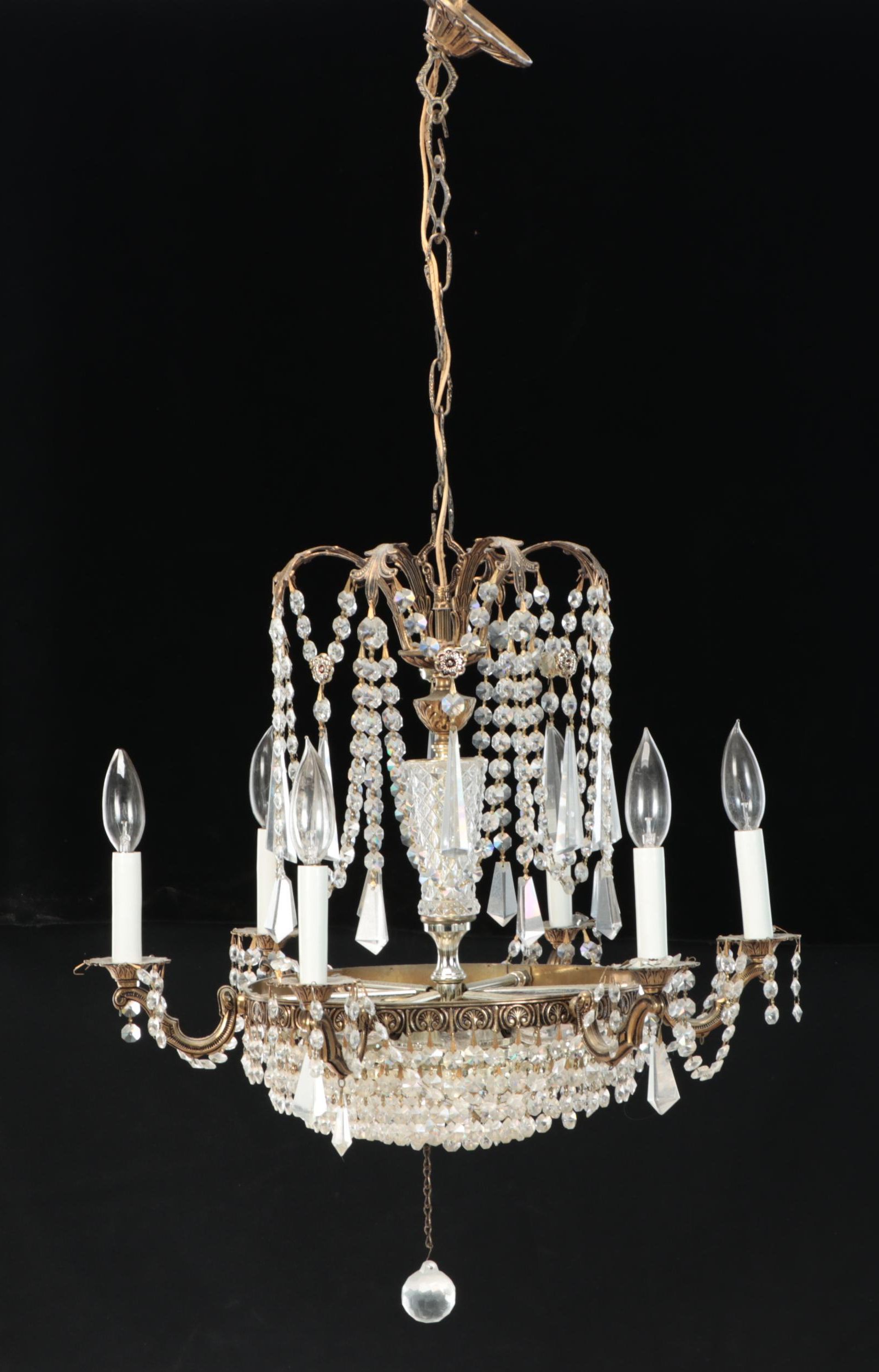 Regency Style Brass Tone and Crystal Chandelier, Mid-20th Century