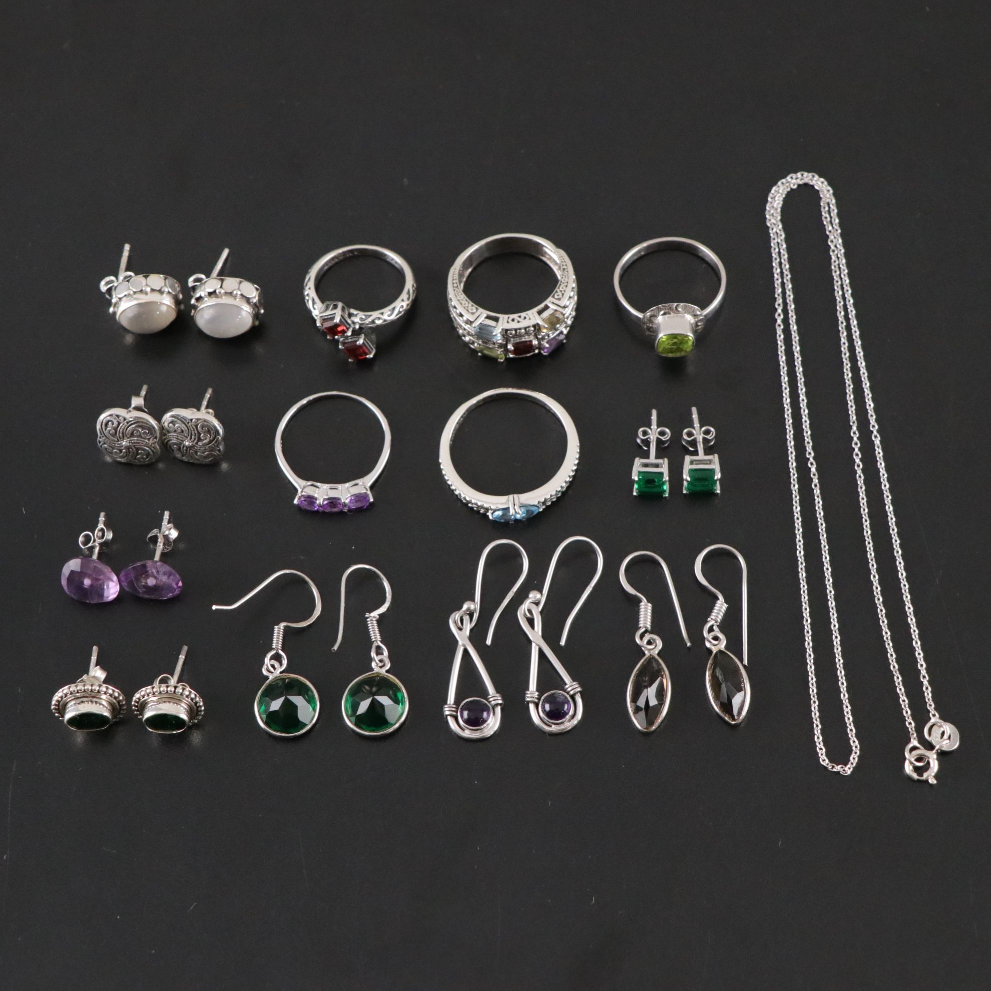 14 Assorted Sterling Silver Rings, Necklaces and Earrings