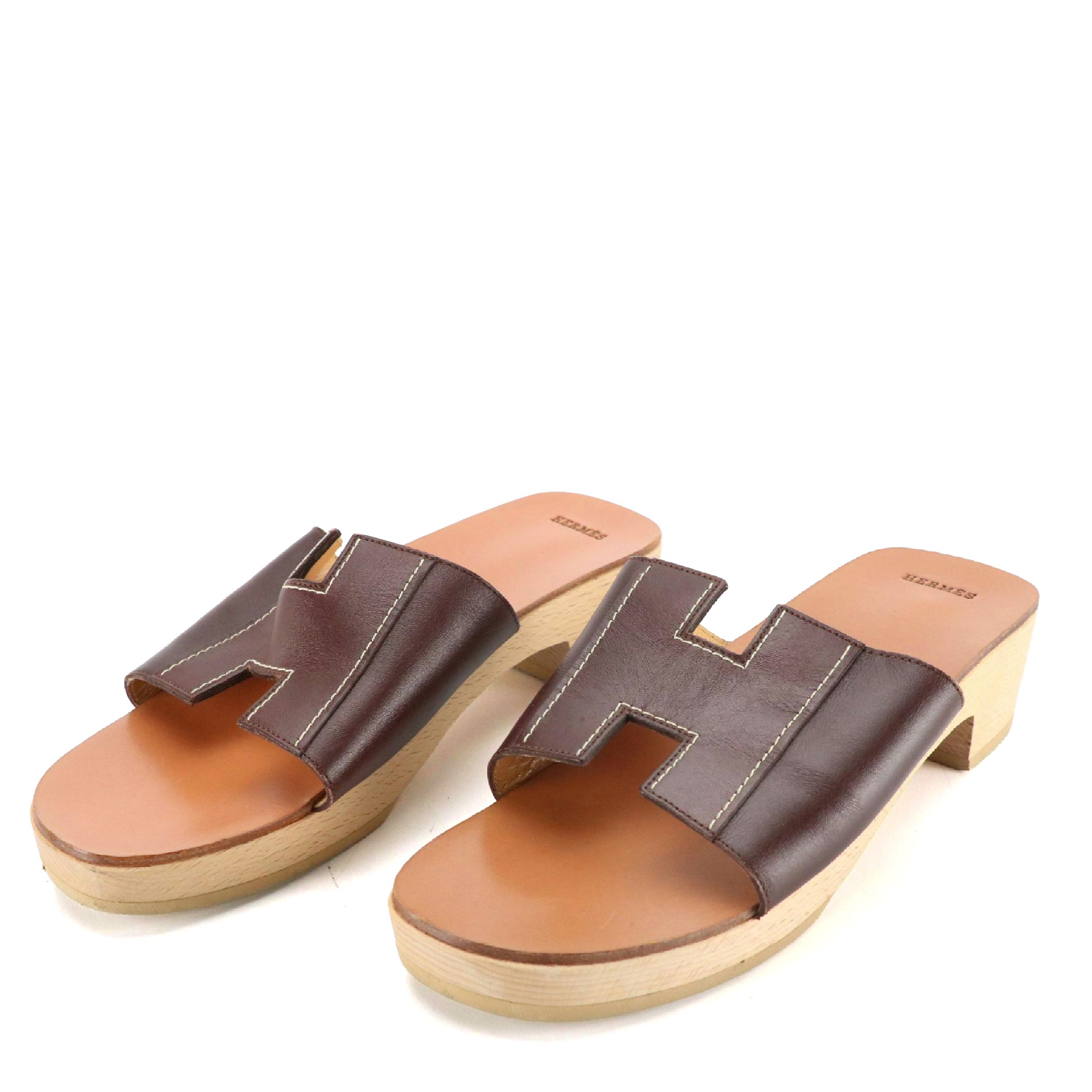 Hermès Wood Sole Oran Sandals in Dark Chocolate Swift Leather, With Box