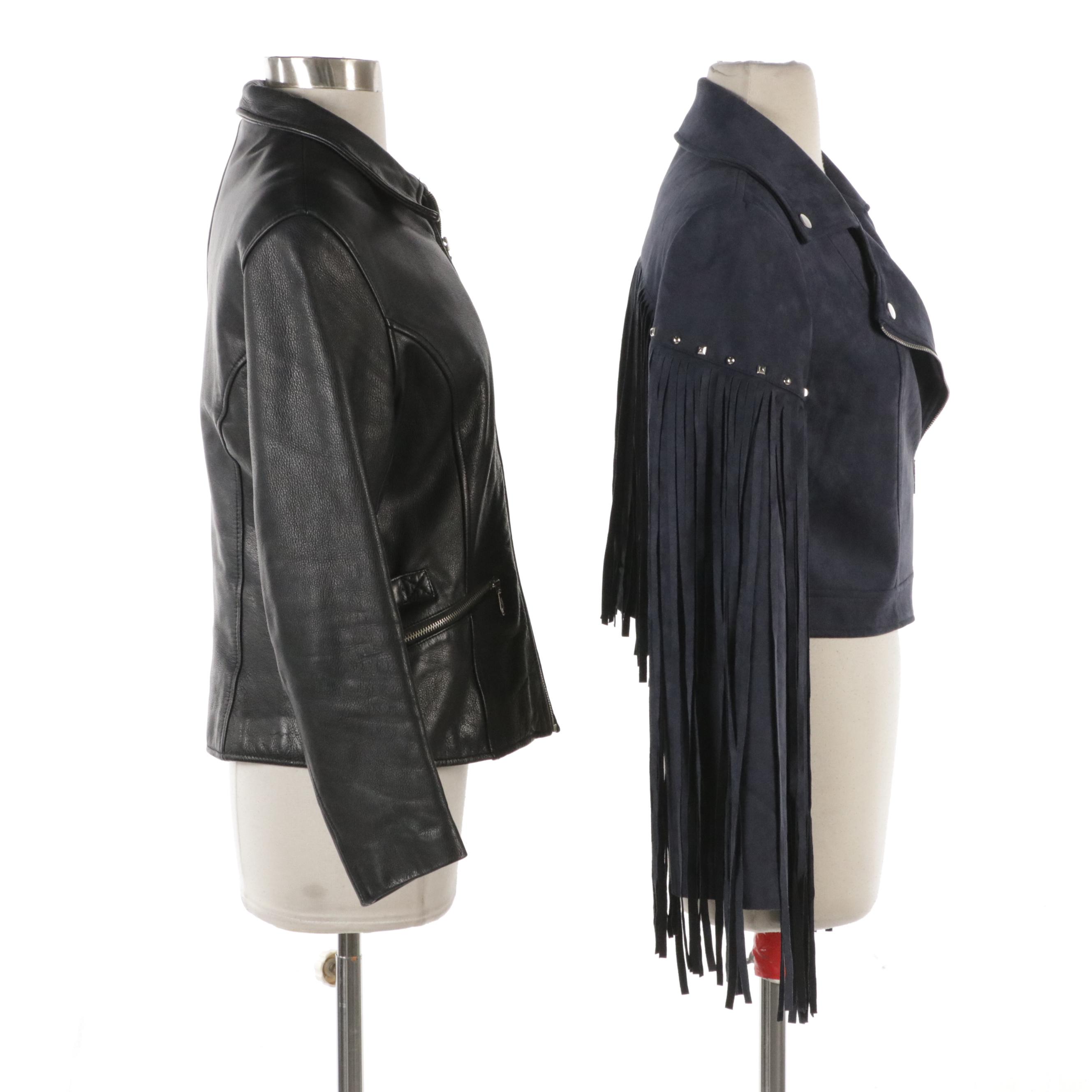 Wilsons Leather Moto Jacket and Fanco Studded Microfiber Fringed Crop Jacket