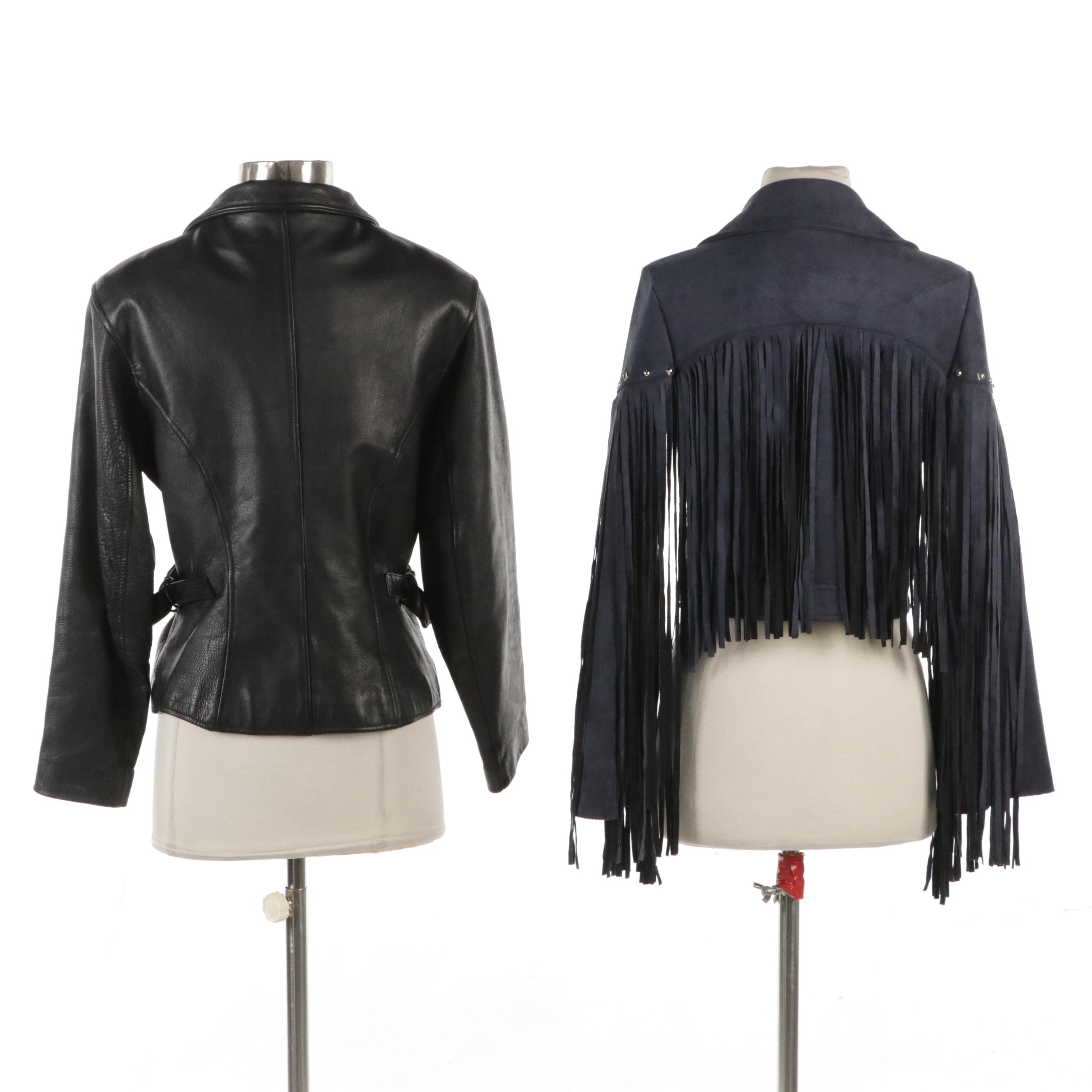 Wilsons Leather Moto Jacket and Fanco Studded Microfiber Fringed Crop Jacket