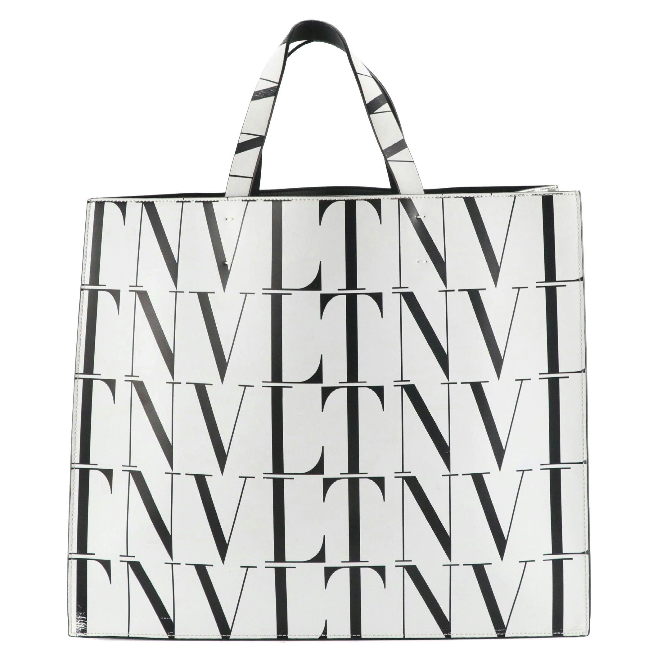 Valentino Garavani Large Shopper Tote in Black & White VLTN Logo Leather