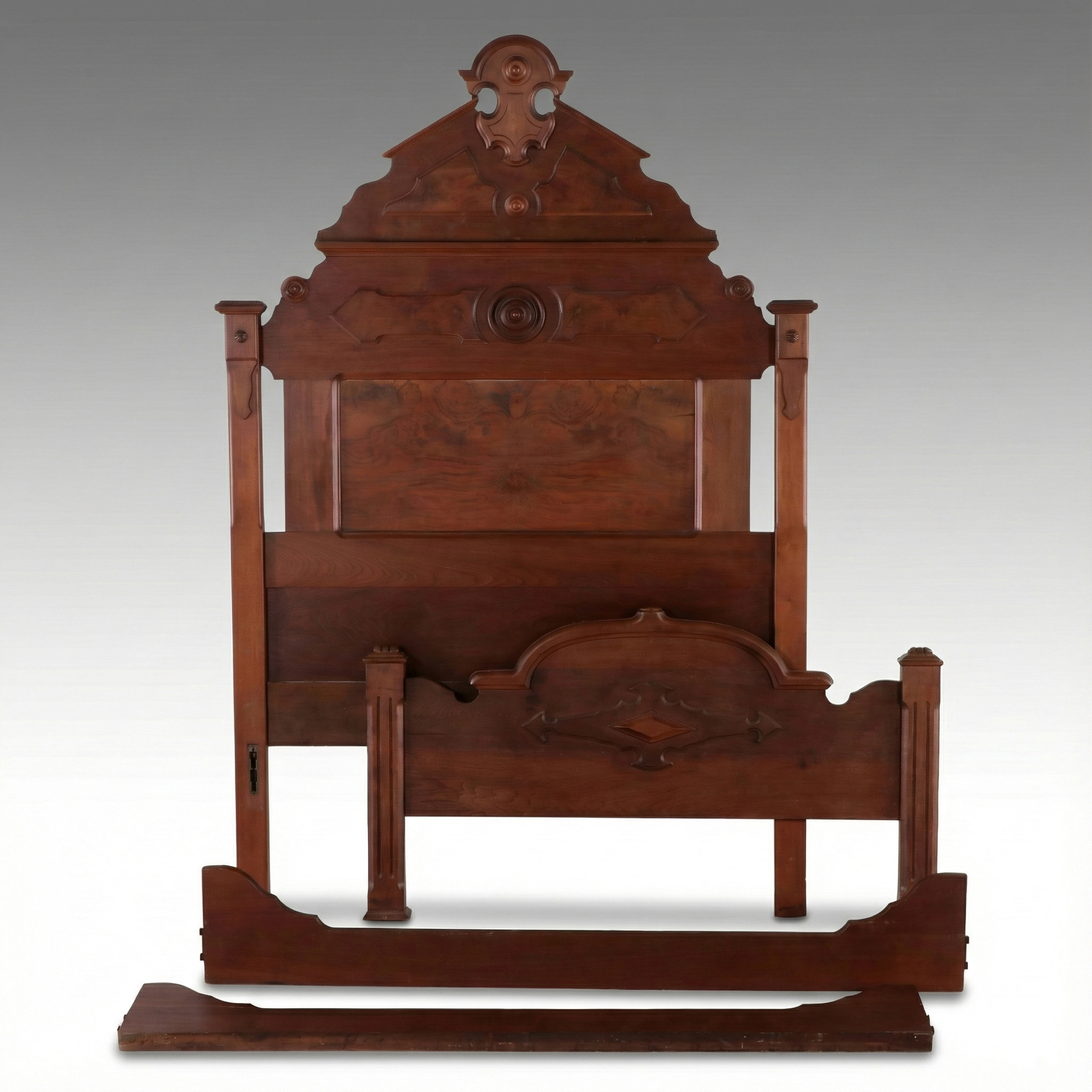 Victorian Eastlake Style Walnut and Burl Bed Frame