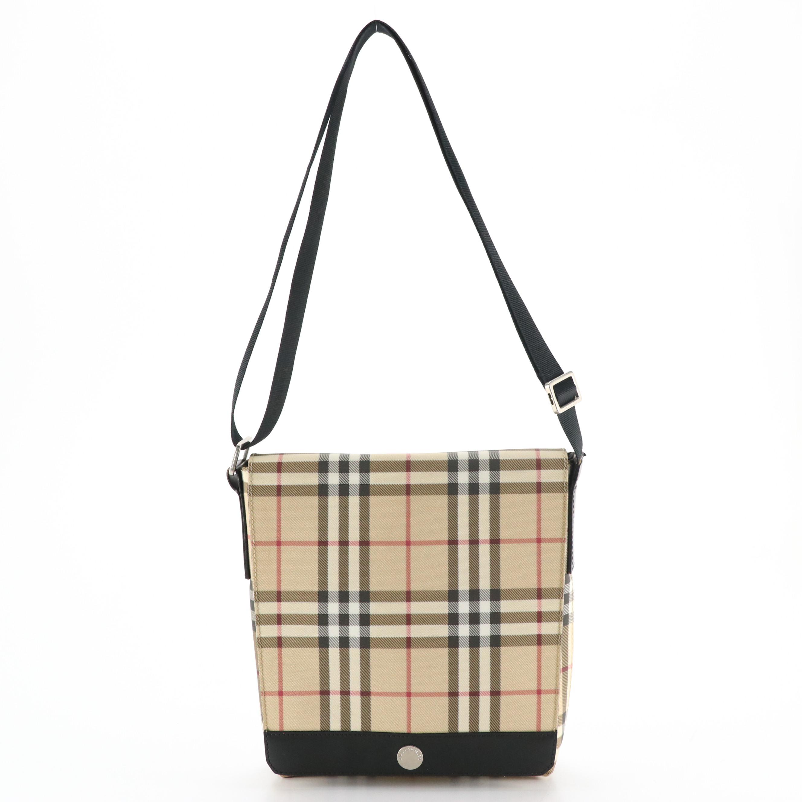 Burberry Full Flap Crossbody in House Check Nylon Canvas and Black Leather Trim