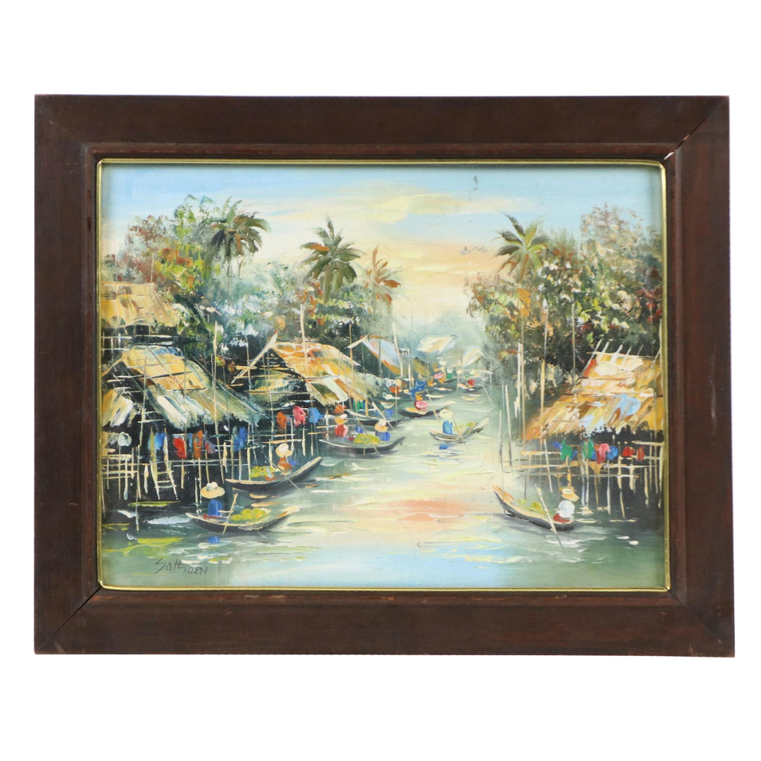 Sathorn Oil Painting of Thai Village on River, 20th Century
