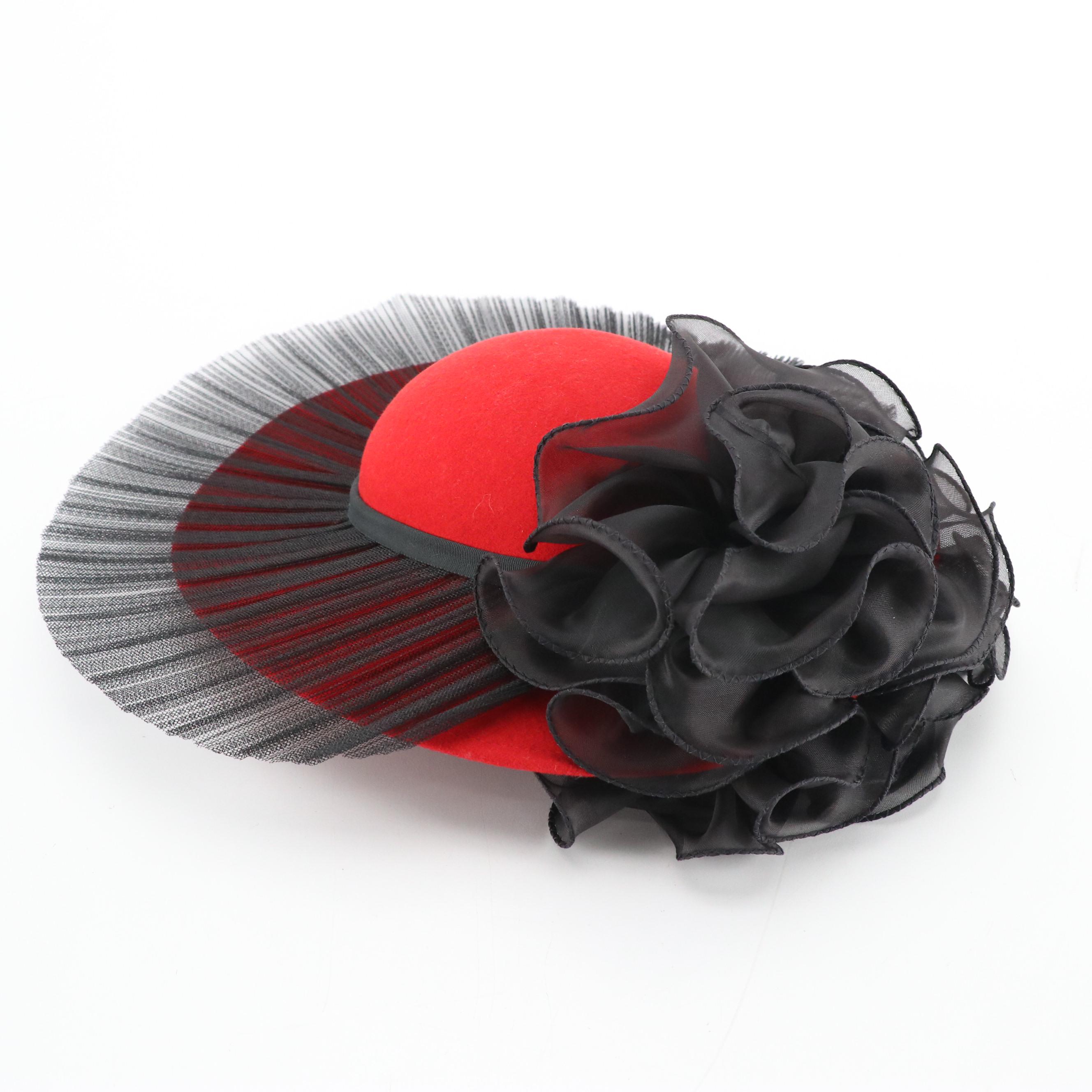 Sonni San Francisco Vintage Red Felt Hat with Pleated Fanning and Ruffled Detail