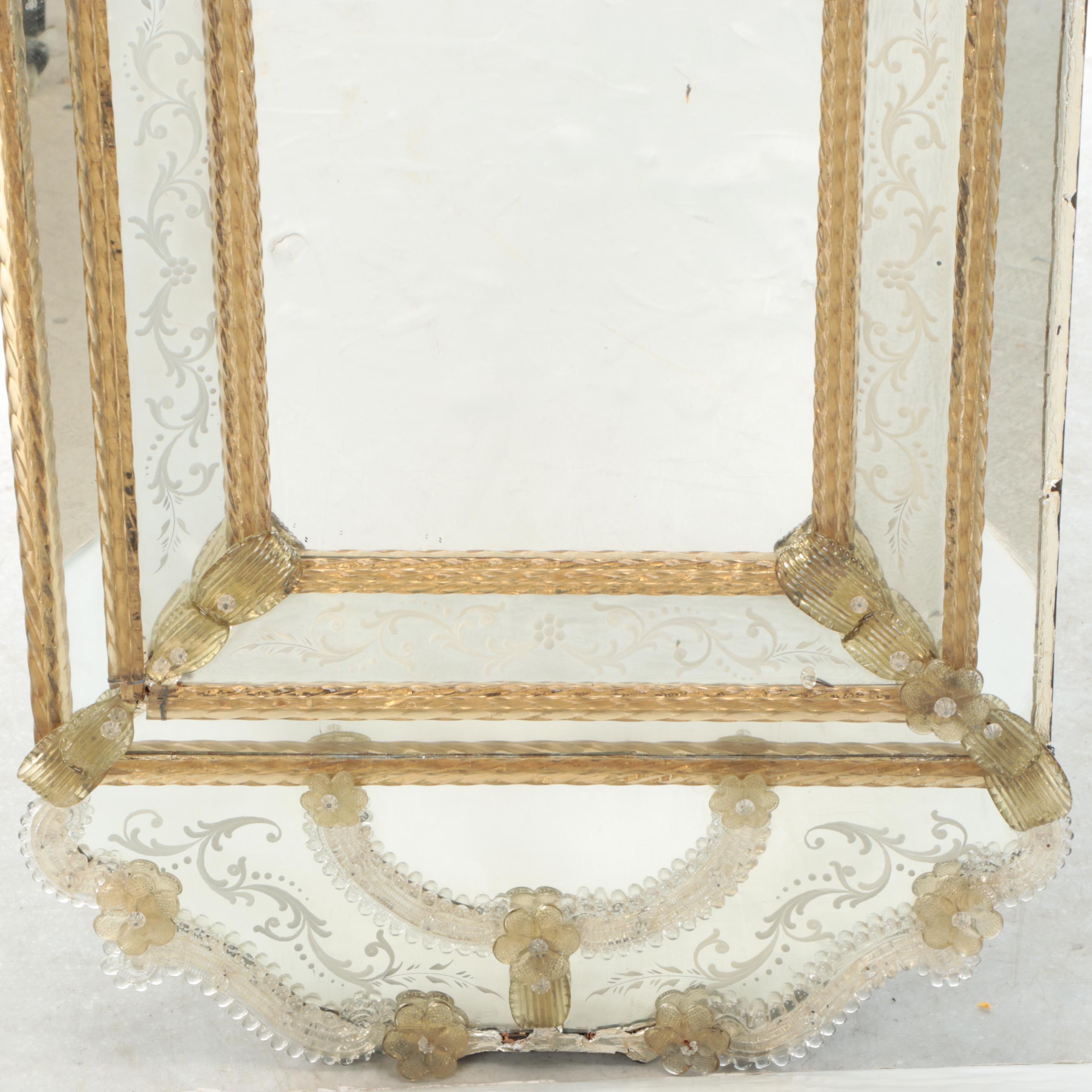 Venetian Etched and Embellished Art Glass Mirror, Mid-20th Century