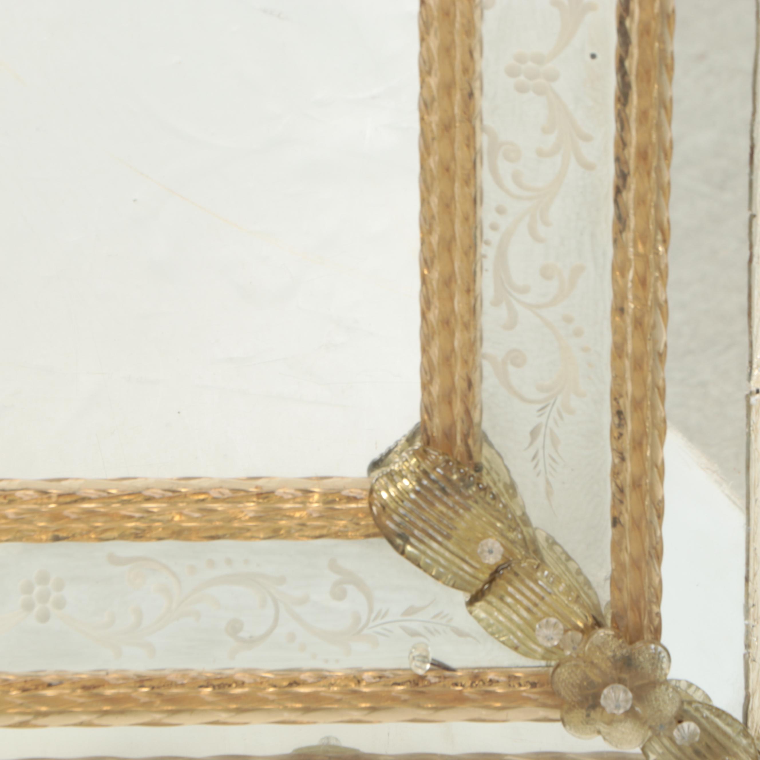 Venetian Etched and Embellished Art Glass Mirror, Mid-20th Century