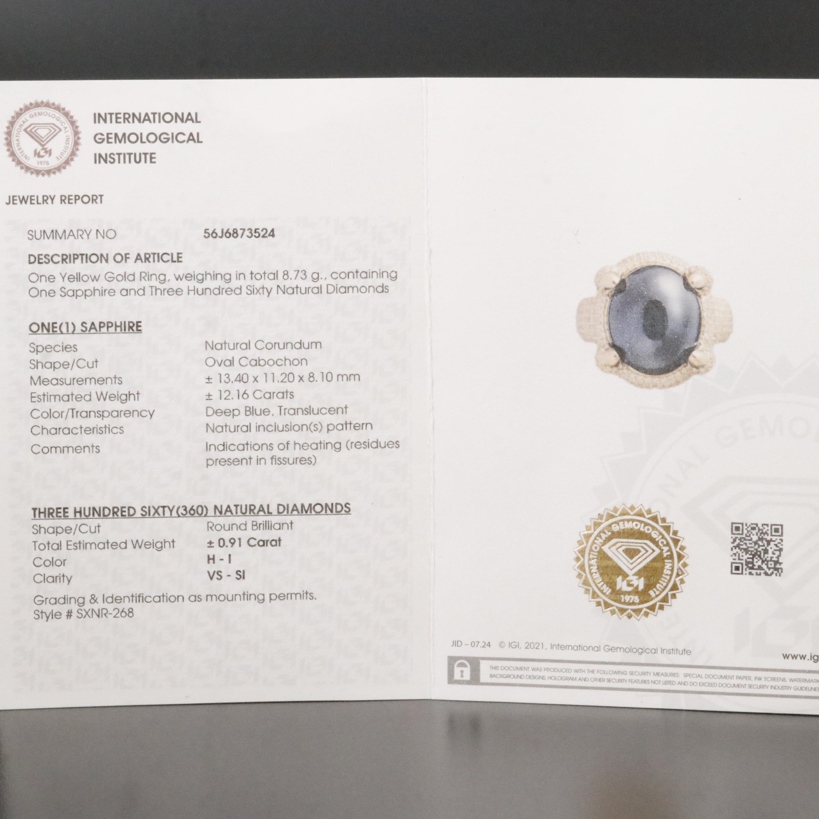 14K 12.16 CT Sapphire and Diamond Ring with IGI Jewelry Report