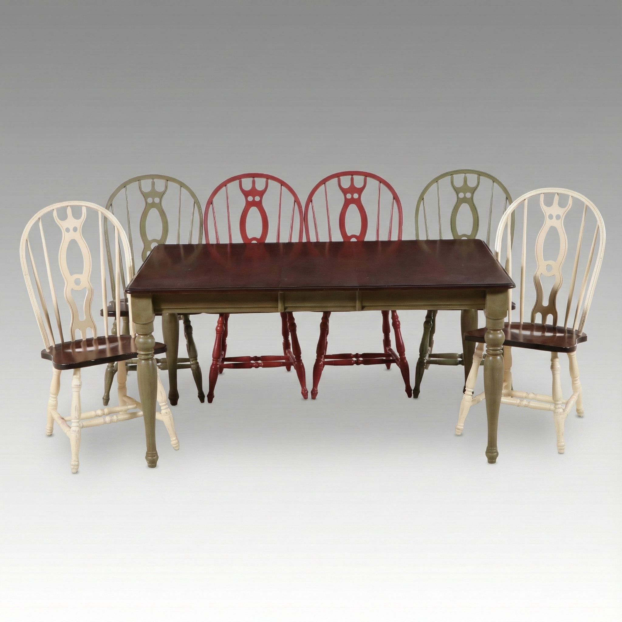 Seven-Piece Primitive Dining Set with Painted Windsor Style Chairs