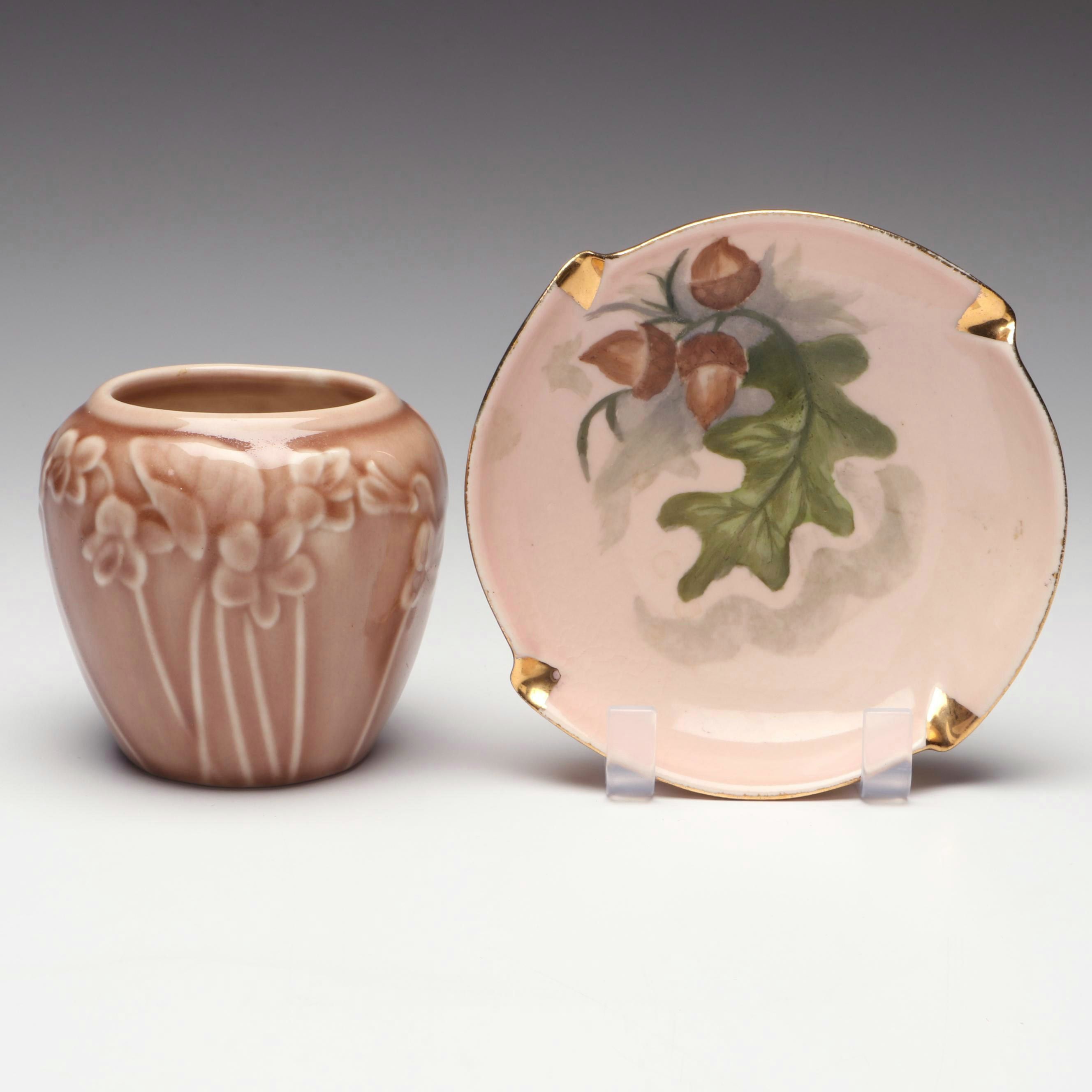 Rookwood Pottery Matte Glaze Vase and Acorn Plate, 1945 & 1951