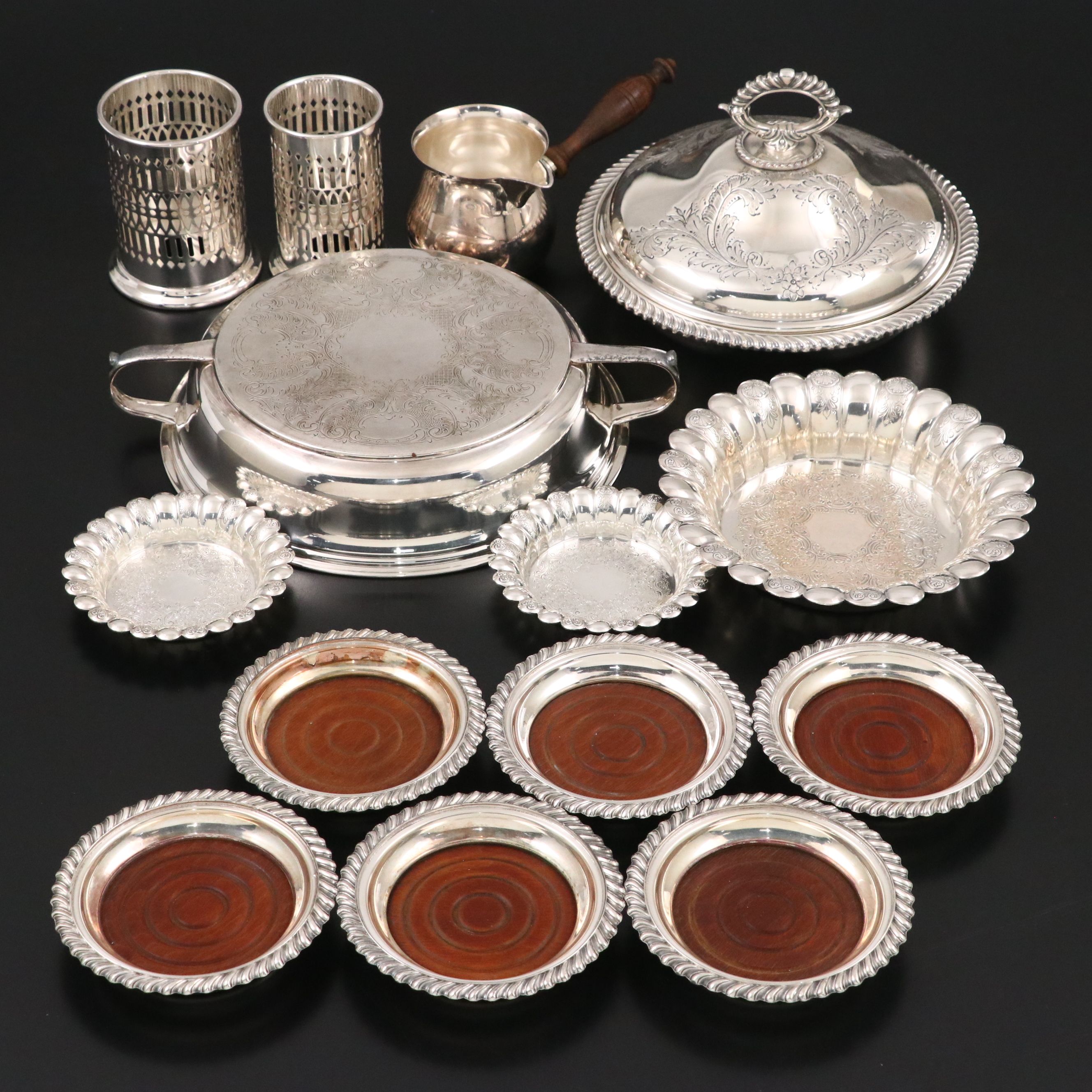 Silver Plate Divided Dish, Coasters, Brandy Warmer, and More Table Accessories