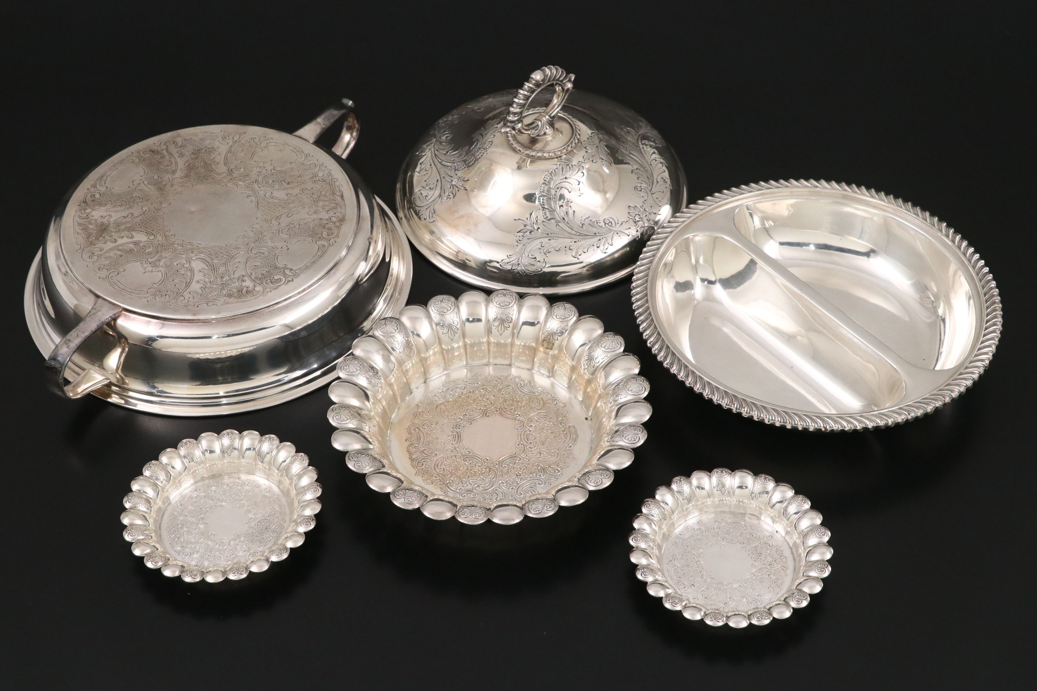 Silver Plate Divided Dish, Coasters, Brandy Warmer, and More Table Accessories