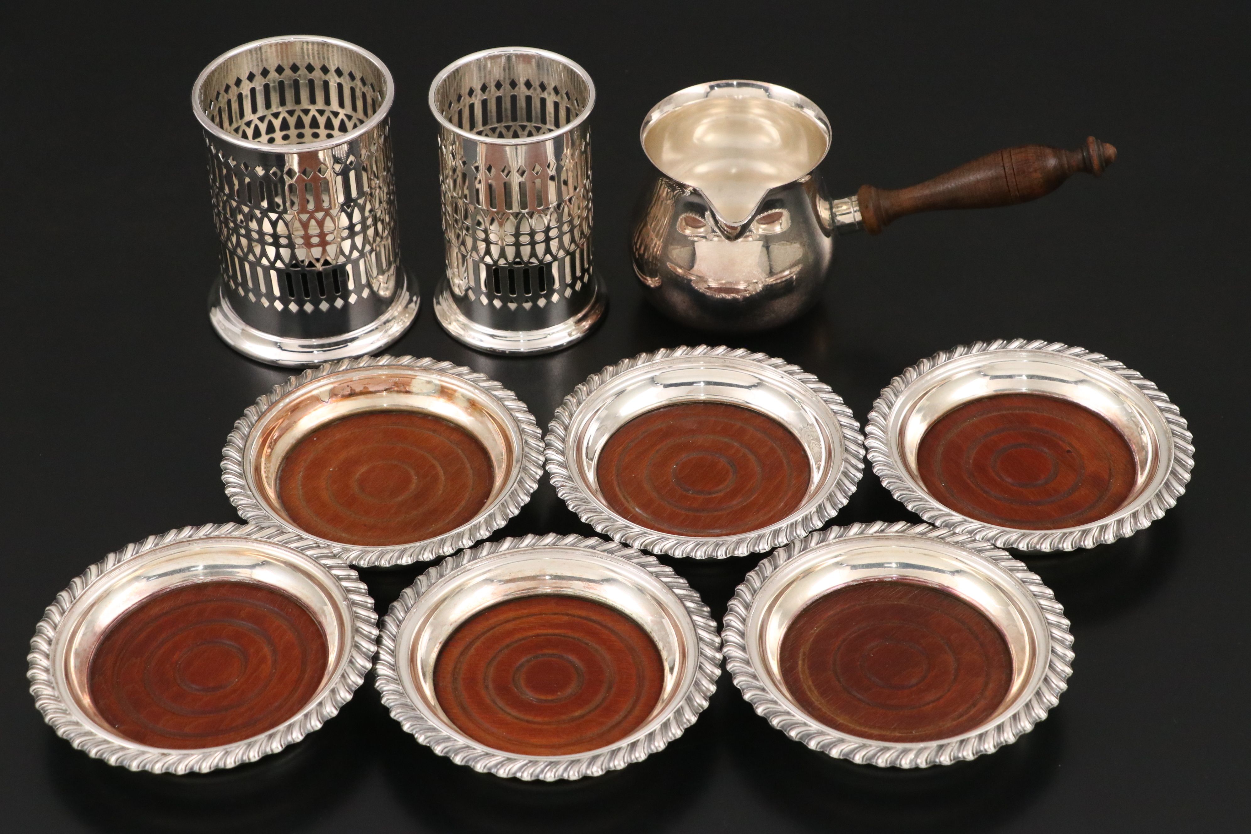Silver Plate Divided Dish, Coasters, Brandy Warmer, and More Table Accessories