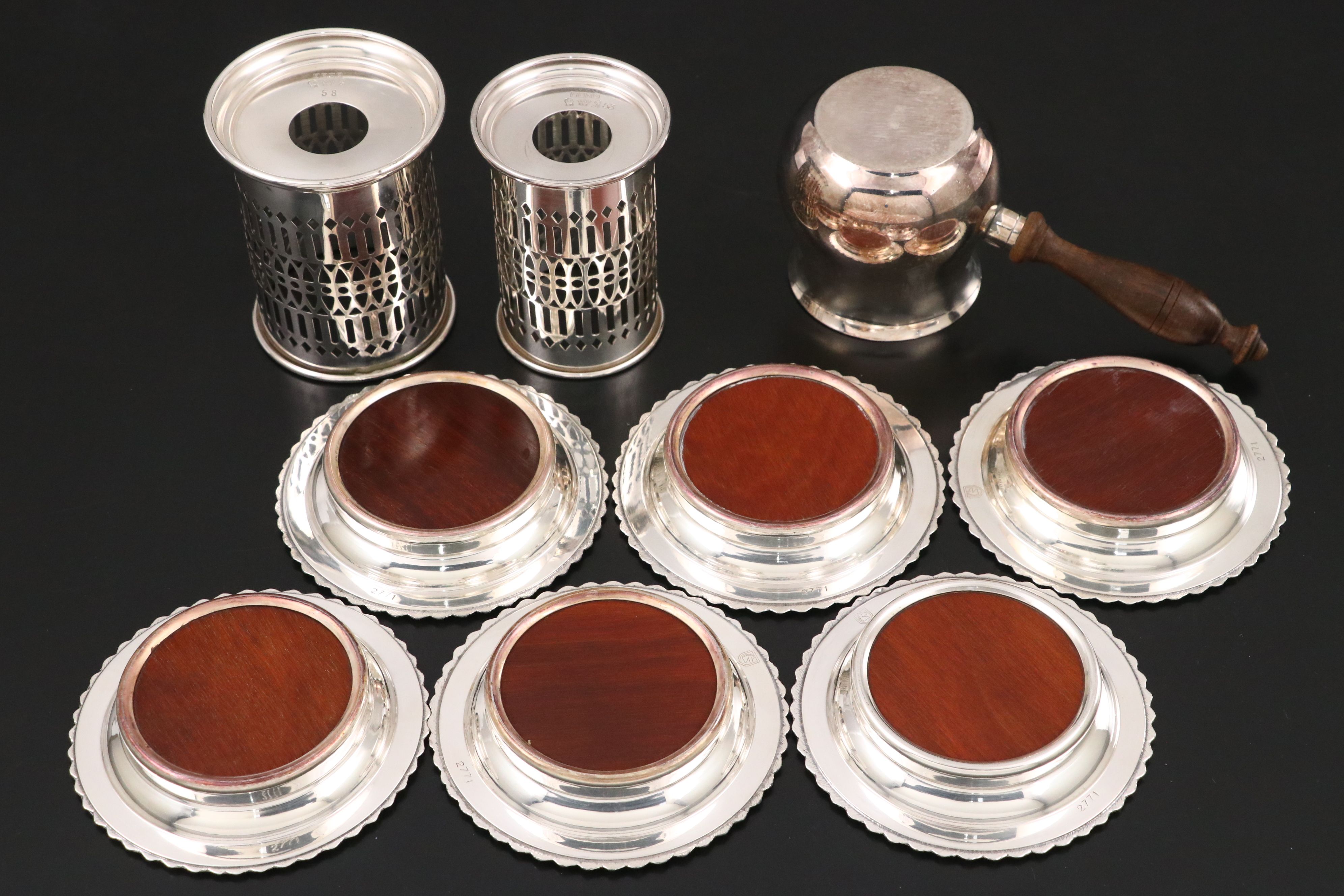 Silver Plate Divided Dish, Coasters, Brandy Warmer, and More Table Accessories