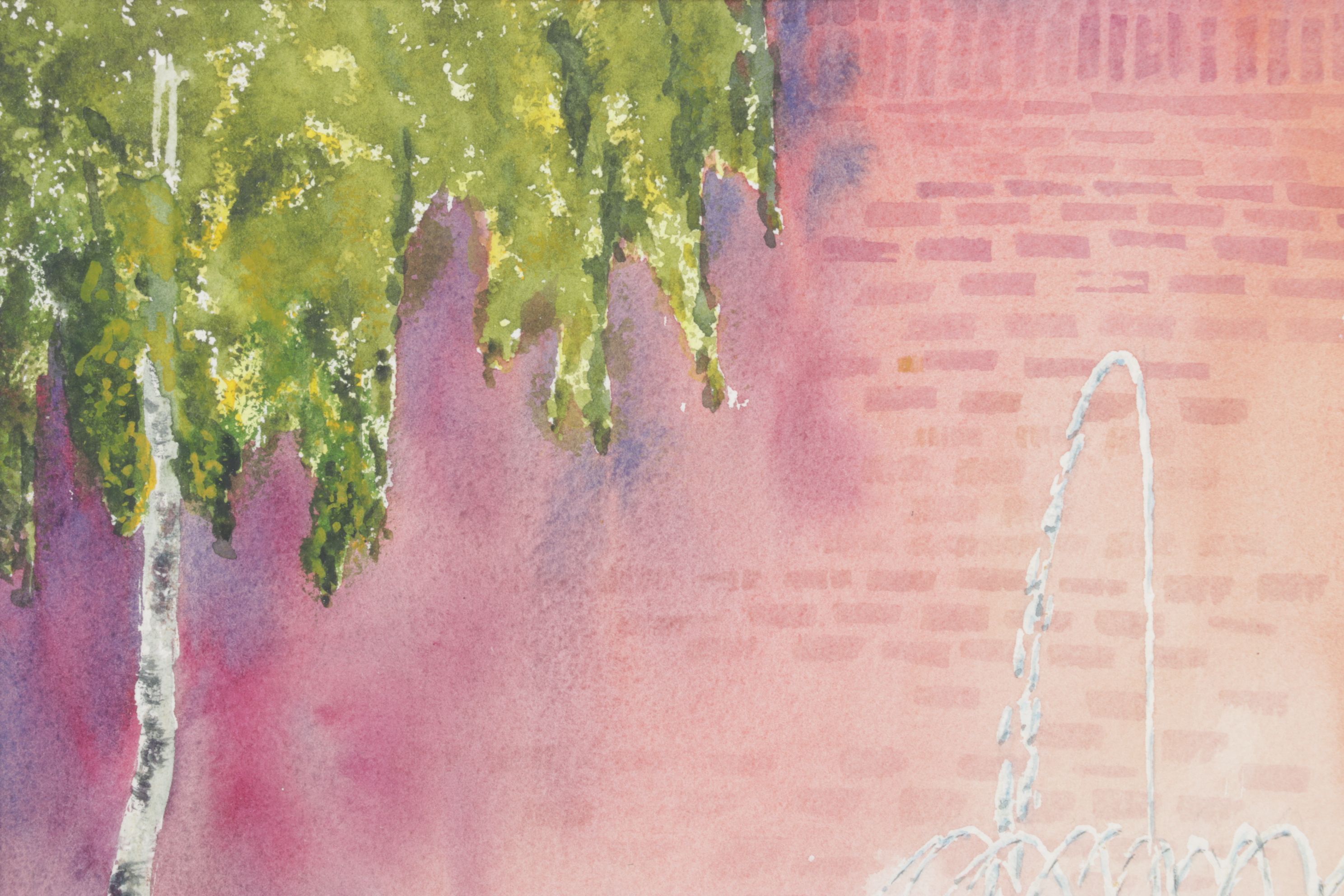 Fred Finke Watercolor Painting Scene of Secluded Water Fountain, 1989