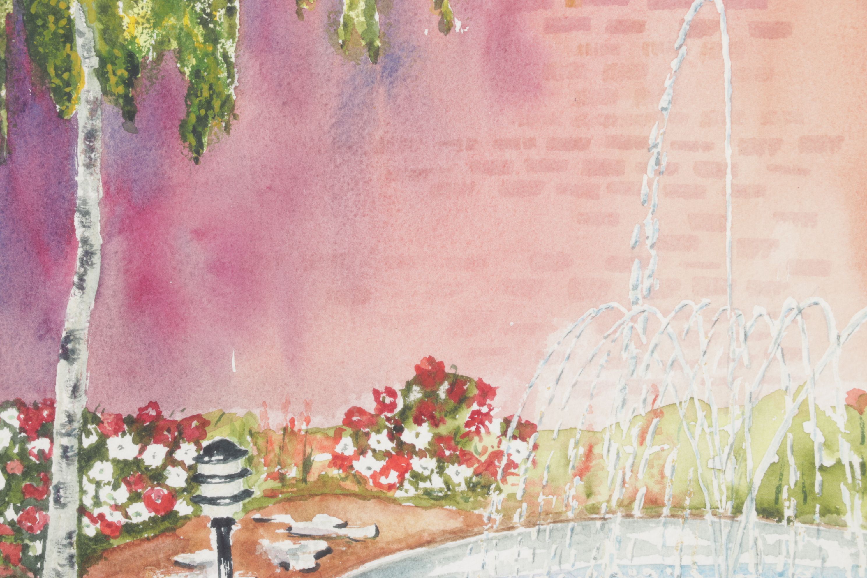 Fred Finke Watercolor Painting Scene of Secluded Water Fountain, 1989