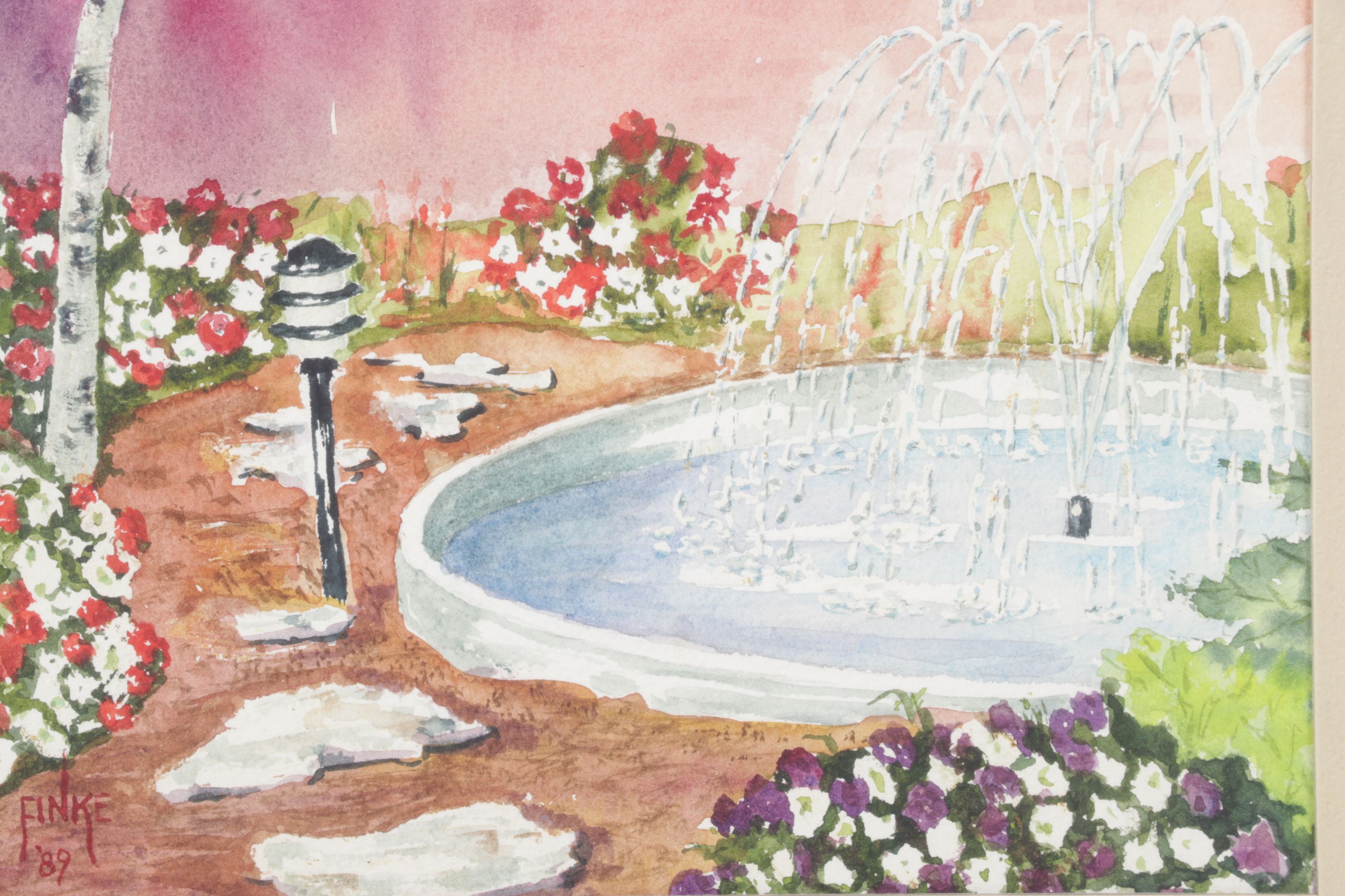 Fred Finke Watercolor Painting Scene of Secluded Water Fountain, 1989