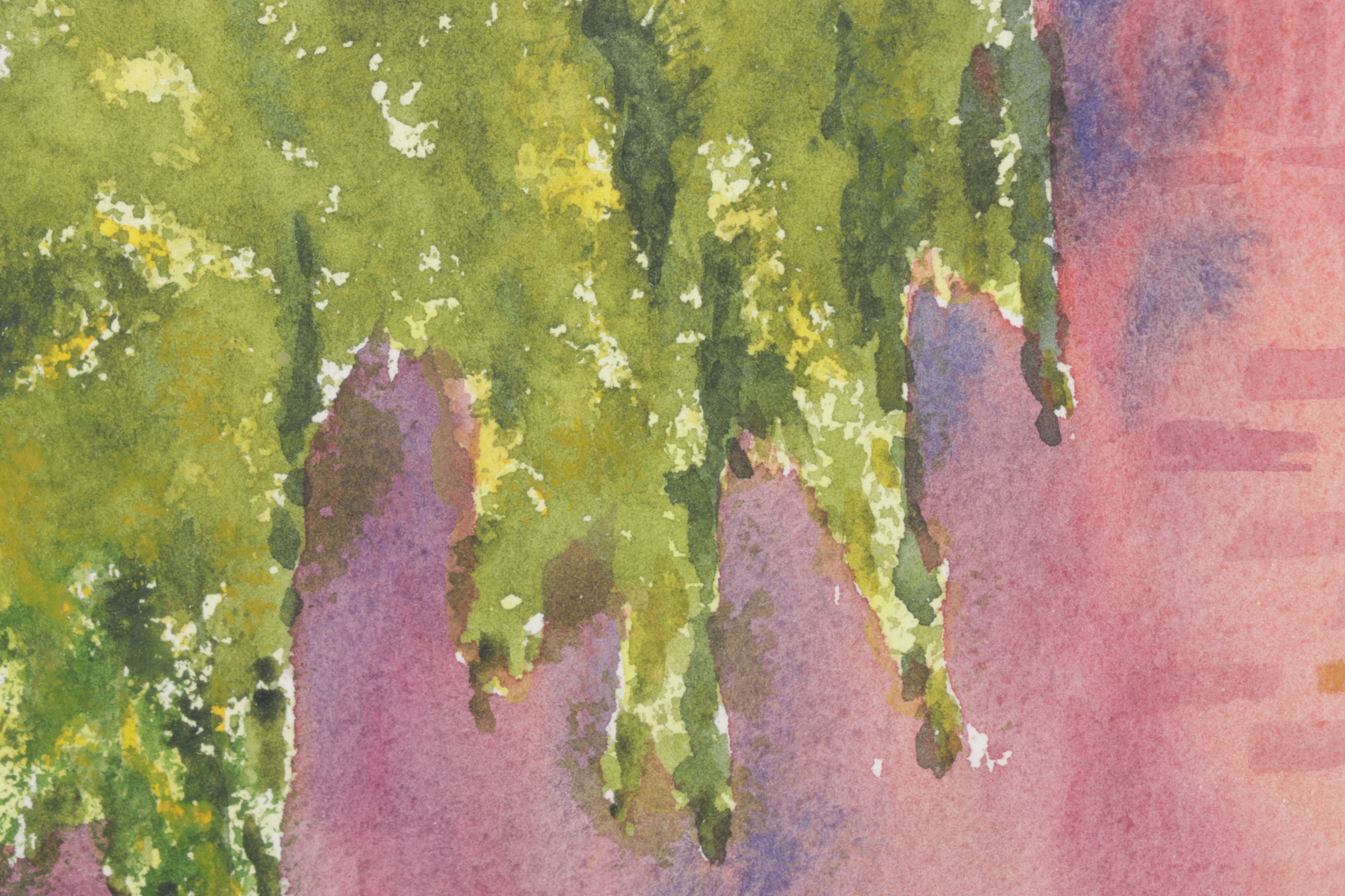 Fred Finke Watercolor Painting Scene of Secluded Water Fountain, 1989