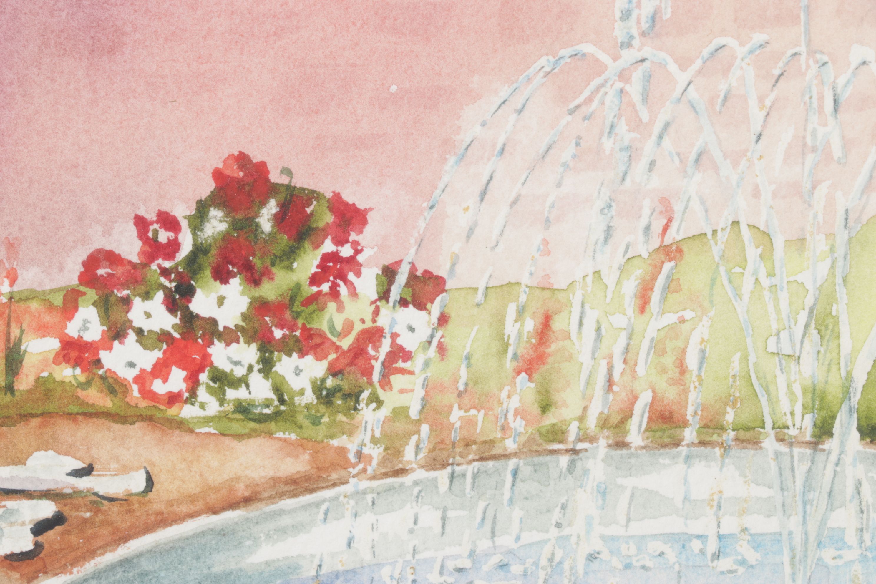 Fred Finke Watercolor Painting Scene of Secluded Water Fountain, 1989