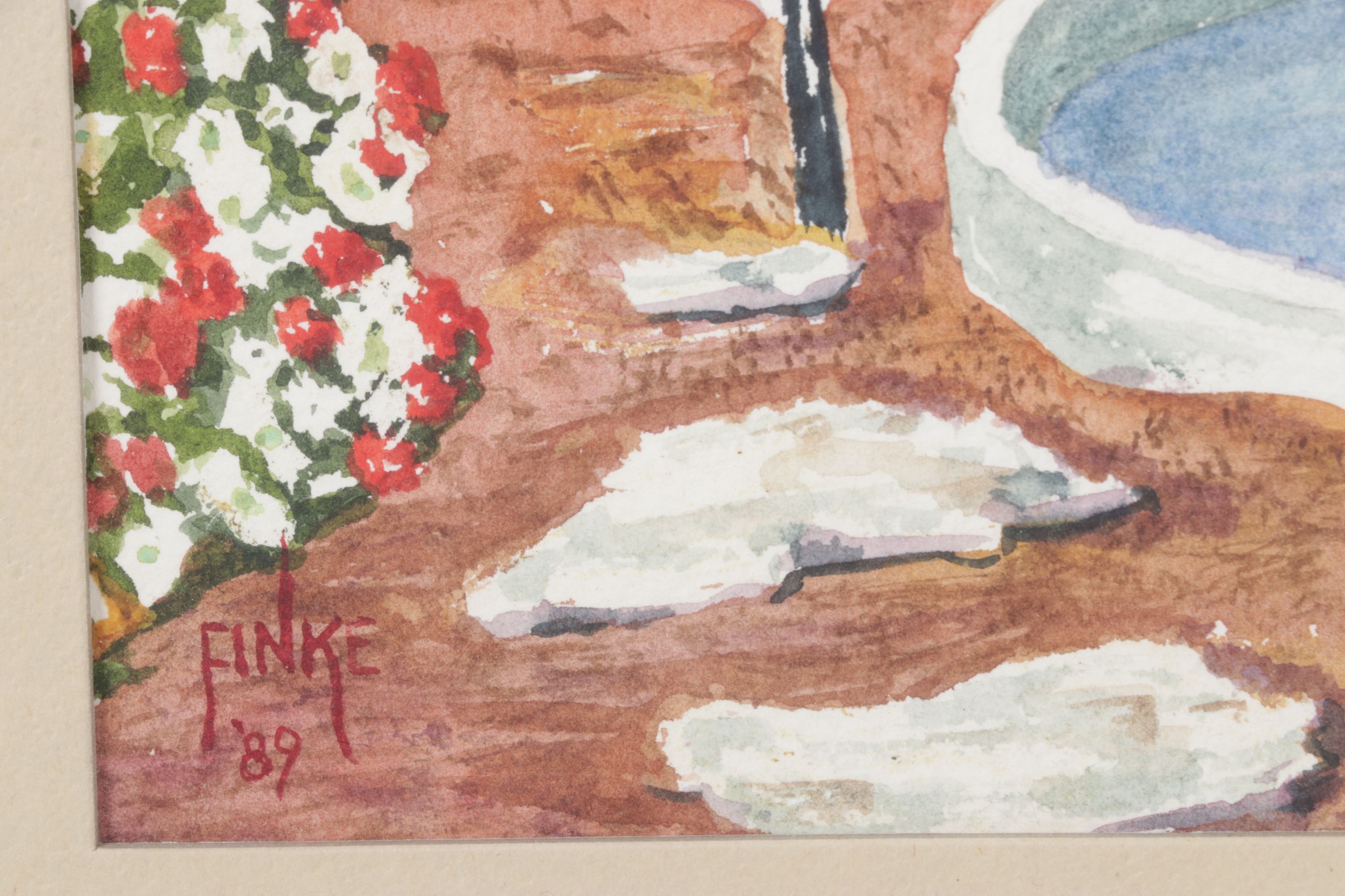 Fred Finke Watercolor Painting Scene of Secluded Water Fountain, 1989