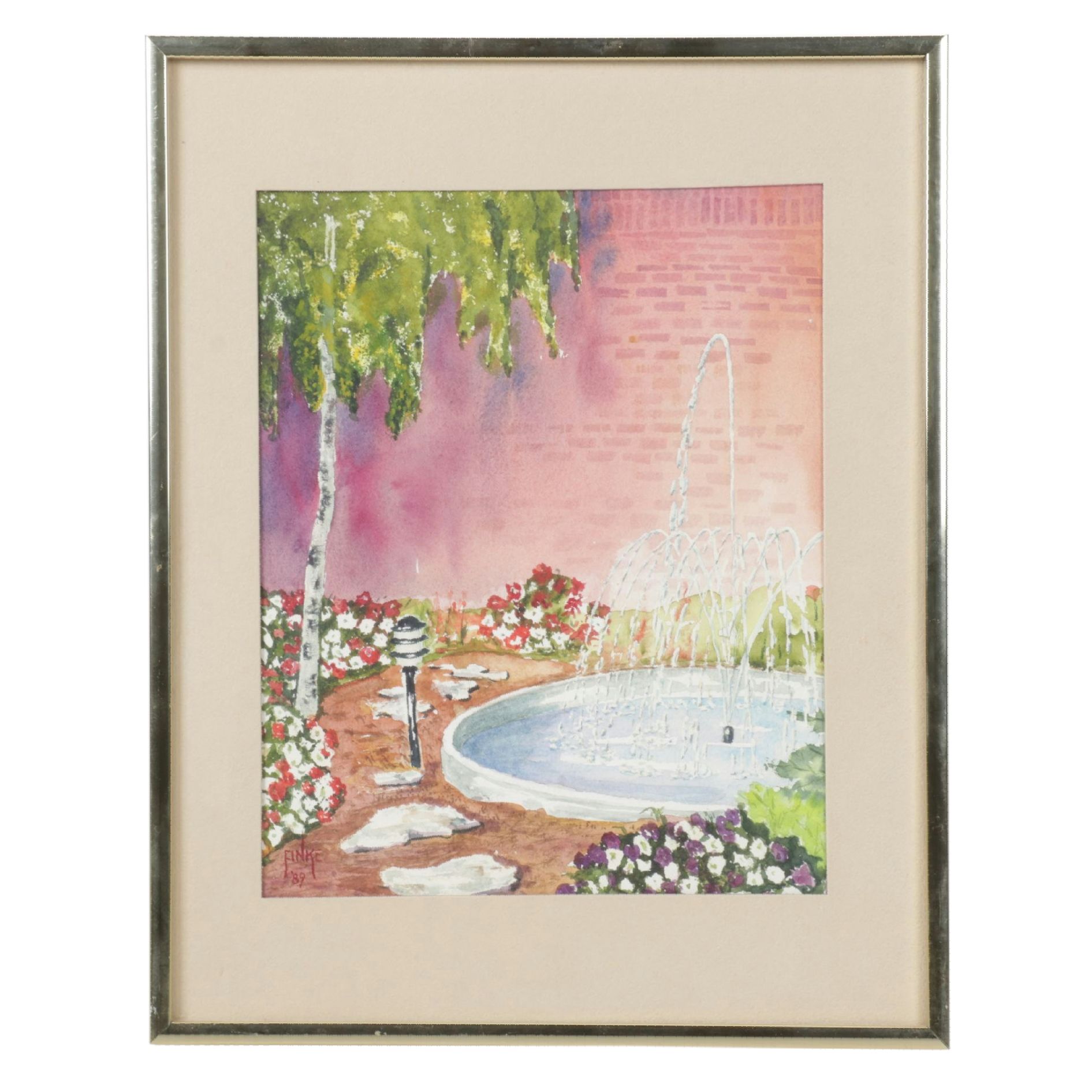 Fred Finke Watercolor Painting Scene of Secluded Water Fountain, 1989